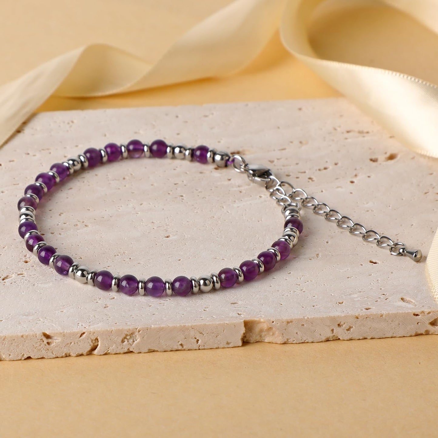 4mm Purple Amethyst Tiny Beaded Bracelets For Women, Energy Gem Charm Jewelry Adjustable Bracelet Gifts for Mom, Daughter, Wife, Coworkers, Friends, Bestie