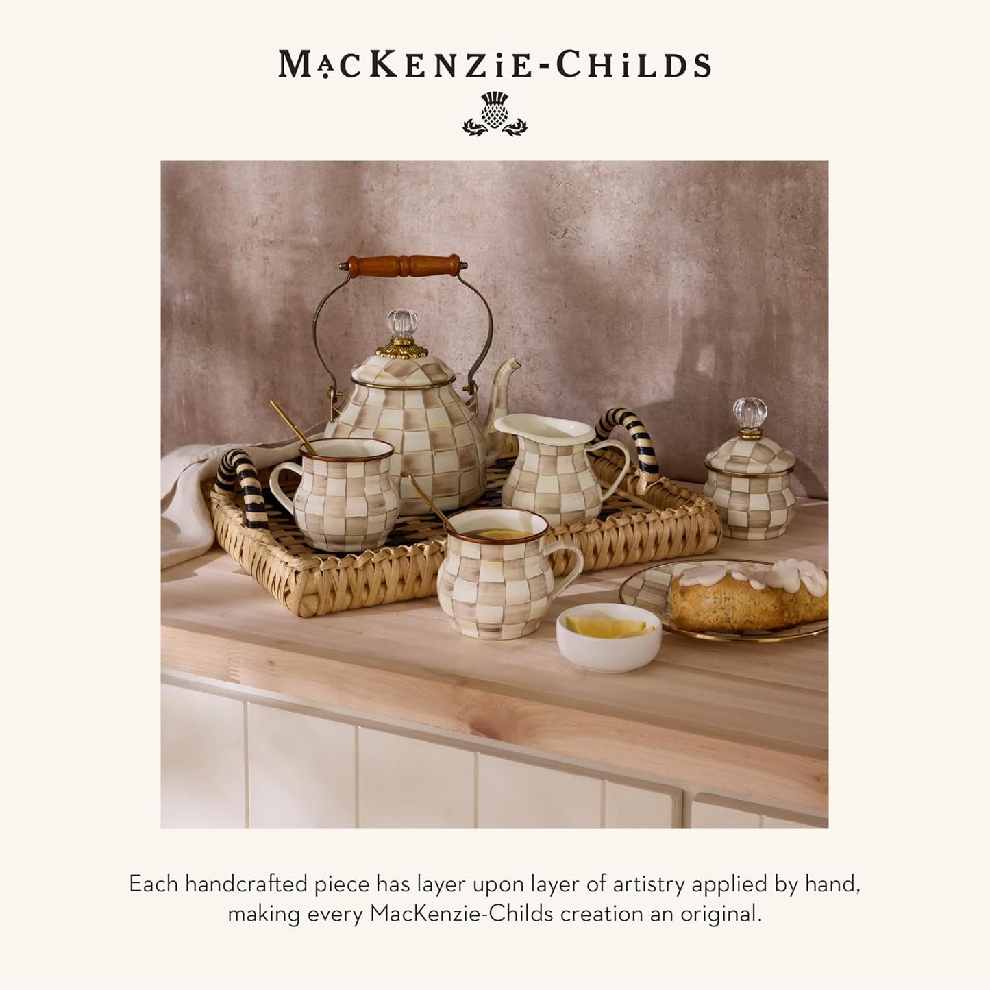 MACKENZIE-CHILDS Enamel Pedestal Platter, Round Cake Stand, Large, Brown-and-White Mocha Check