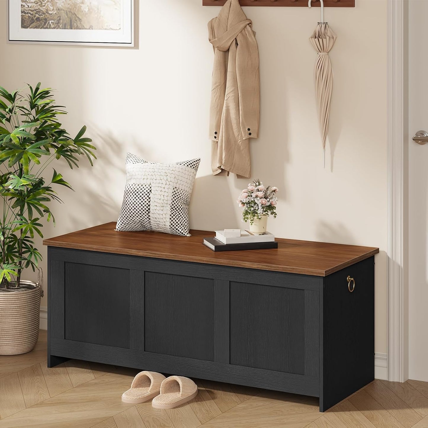 HOOBRO Storage Bench, 43.3" Retro Wooden Storage Chest, Wooden Storage Trunk, Toy Chest with Lift Top, Multifunctional Entryway Organizer, for Entryway, Living Room, Black and Walnut BH411CW01
