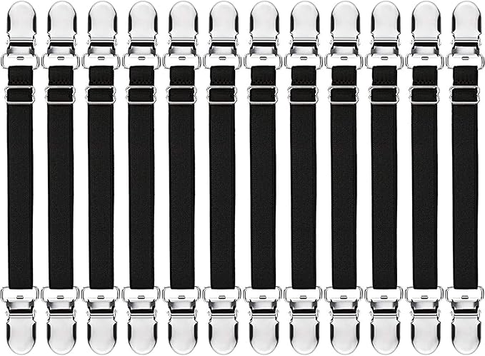Boao 12 Pcs Bed Sheet Clips Straps Sheet Corner Straps Holder Adjustable Mattress Clips, Elastic Bed Grippers Suspender Fasteners Holder for Home(Black,14-28 Inch Length)