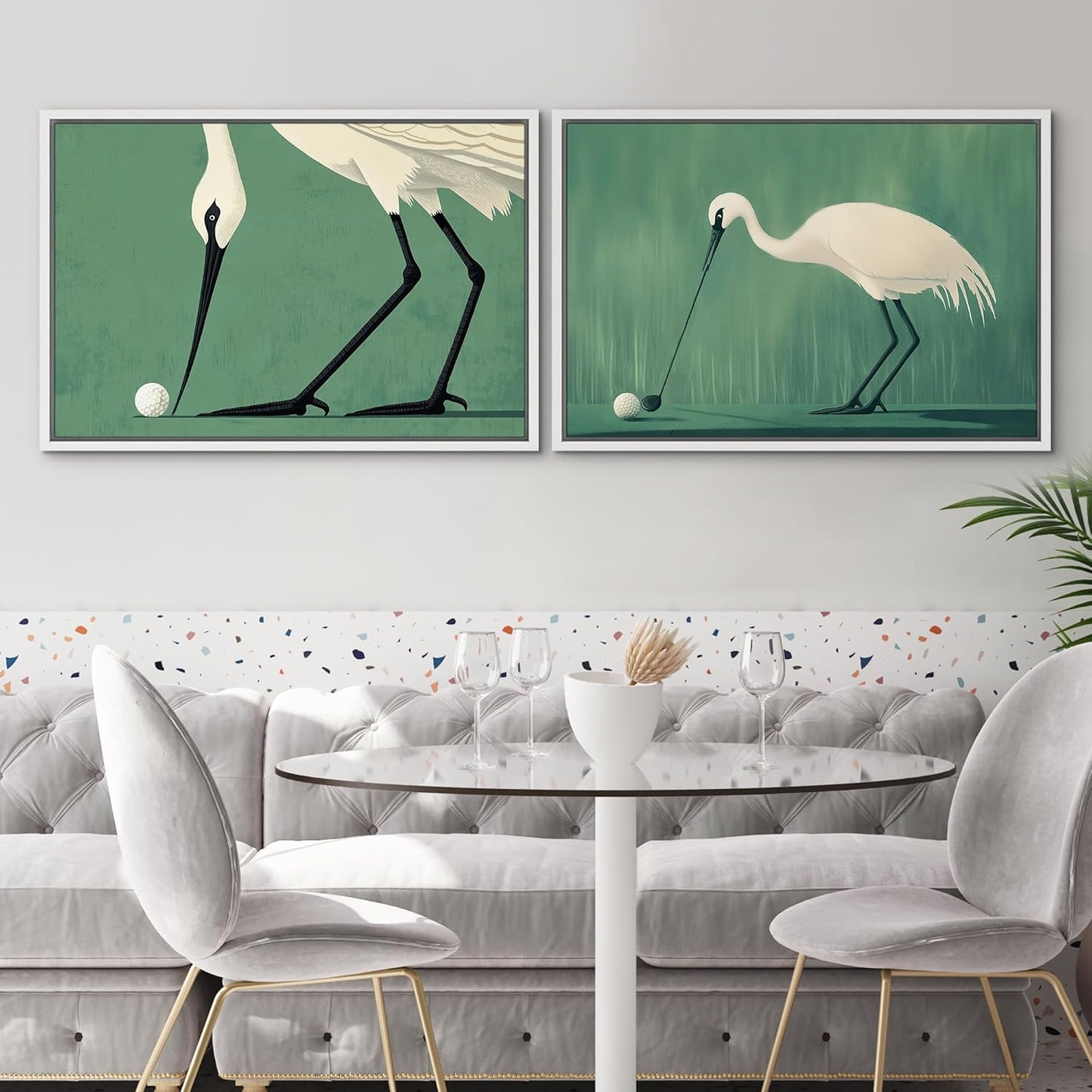 SIGNWIN Framed Canvas Print Wall Art Set Funny Crane Playing Golf Whimsical Bird Illustrations Modern Art Rustic Minimal for Living Room, Bedroom, Office - 24"x36"x2 White