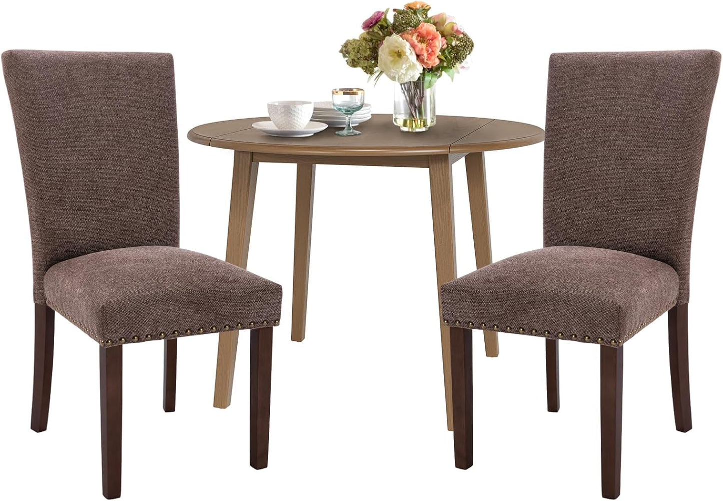 COLAMY 5-Piece Round Dining Table Set for 4, 36" Kitchen Extendable Wood Table with 4 Nailhead Dining Room Chairs,Light Brown/Brown