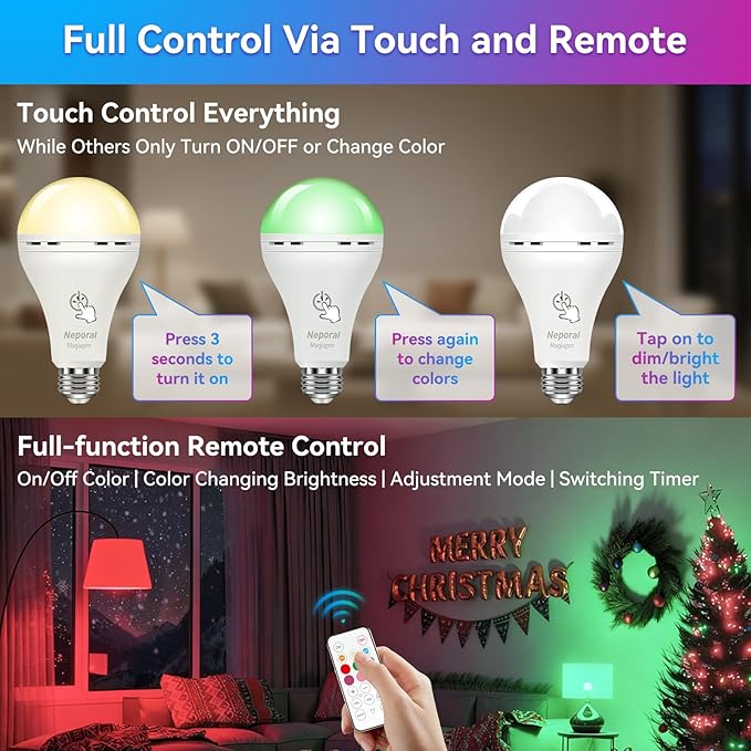 Neporal Rechargeable Light Bulbs, Back Up Battery Light Bulbs, 15W 80W Equivalent 5000K 1200mAh Battery Operated Light Bulb, Emergency Lights for Home Power Failure, Pack of 4 (9 Colors 4PK)