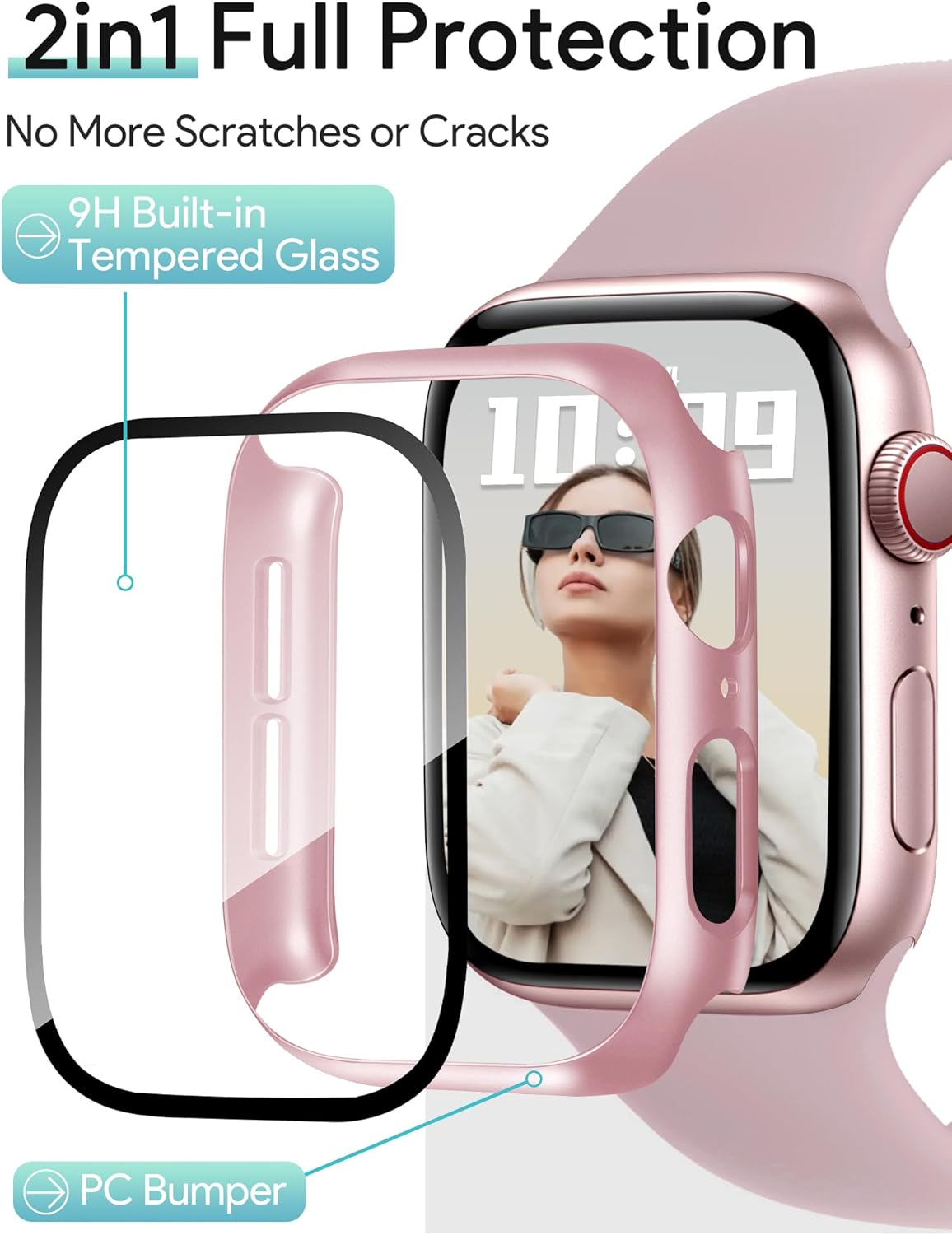 JR.DM 40mm 2 Pack Hard PC Case with HD Tempered Glass Screen Protector for Apple Watch Series 6/5/4/SE/SE2/SE3, Guard Bumper Full Protective Anti-Scratch Face Cover for iWatch, Pink/Clear
