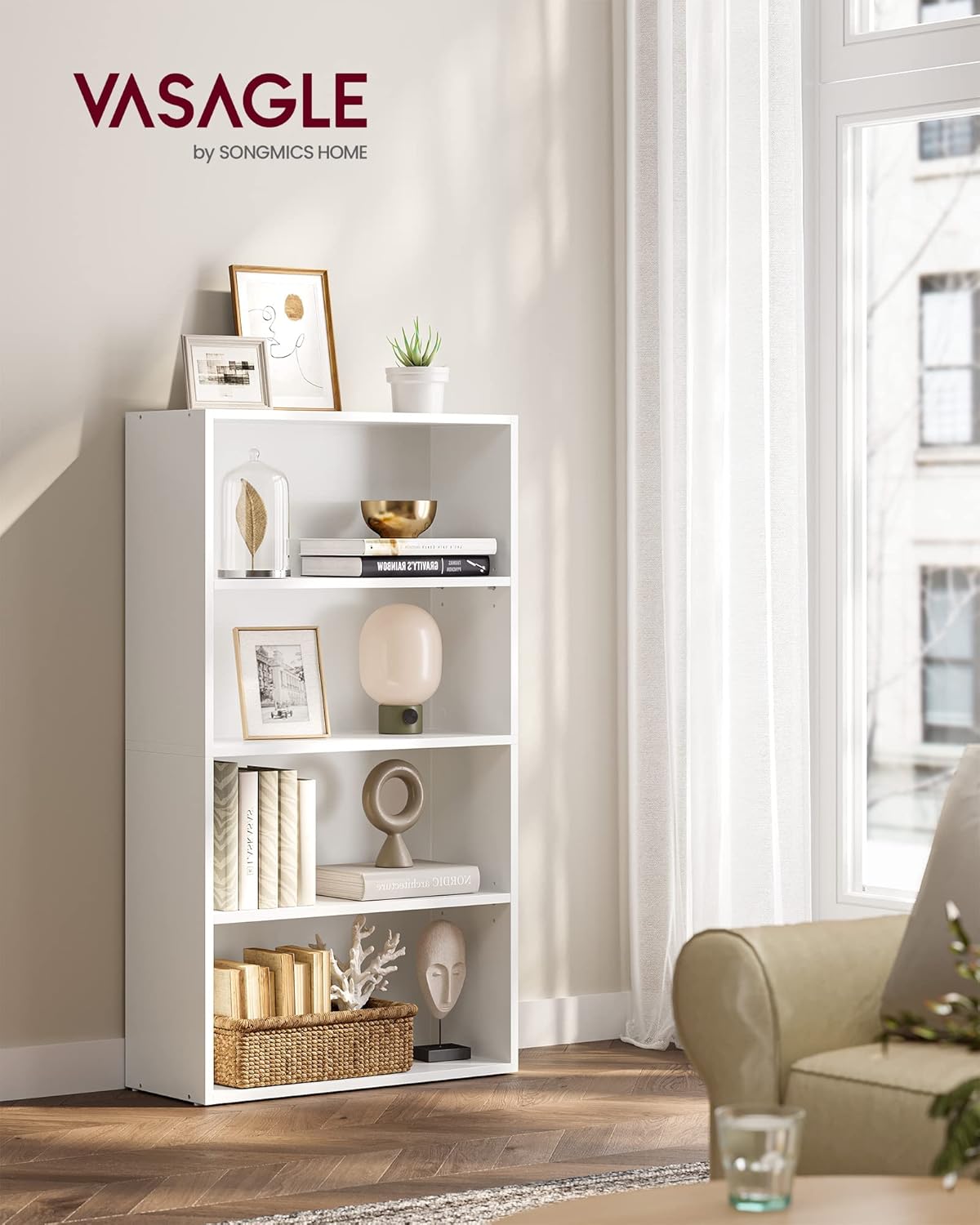 VASAGLE CUSTOS Collection - Bookshelf, 4-Tier Bookcase, Book Shelf, Open Storage Shelf, 9.4 x 23.6 x 42.4 Inches, for Living Room, Home Office, Dinning Room, Cloud White ULBC164T14
