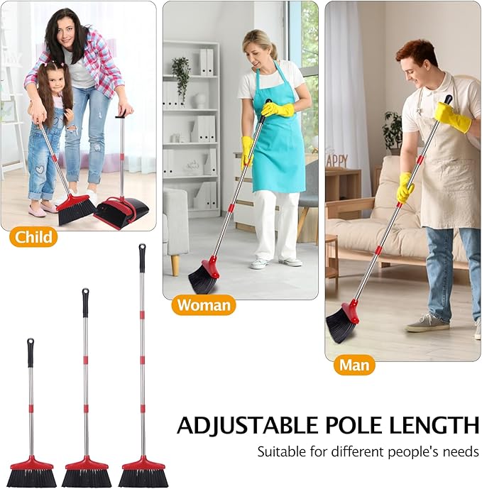 Broom and Dustpan Set with Long Handle, Light Weight Stainless Steel Poles Stand Upright Dustpans with Broom Combo for Home Kitchen Office Pet Dog Hair, Black & Red Color, 1-Pack