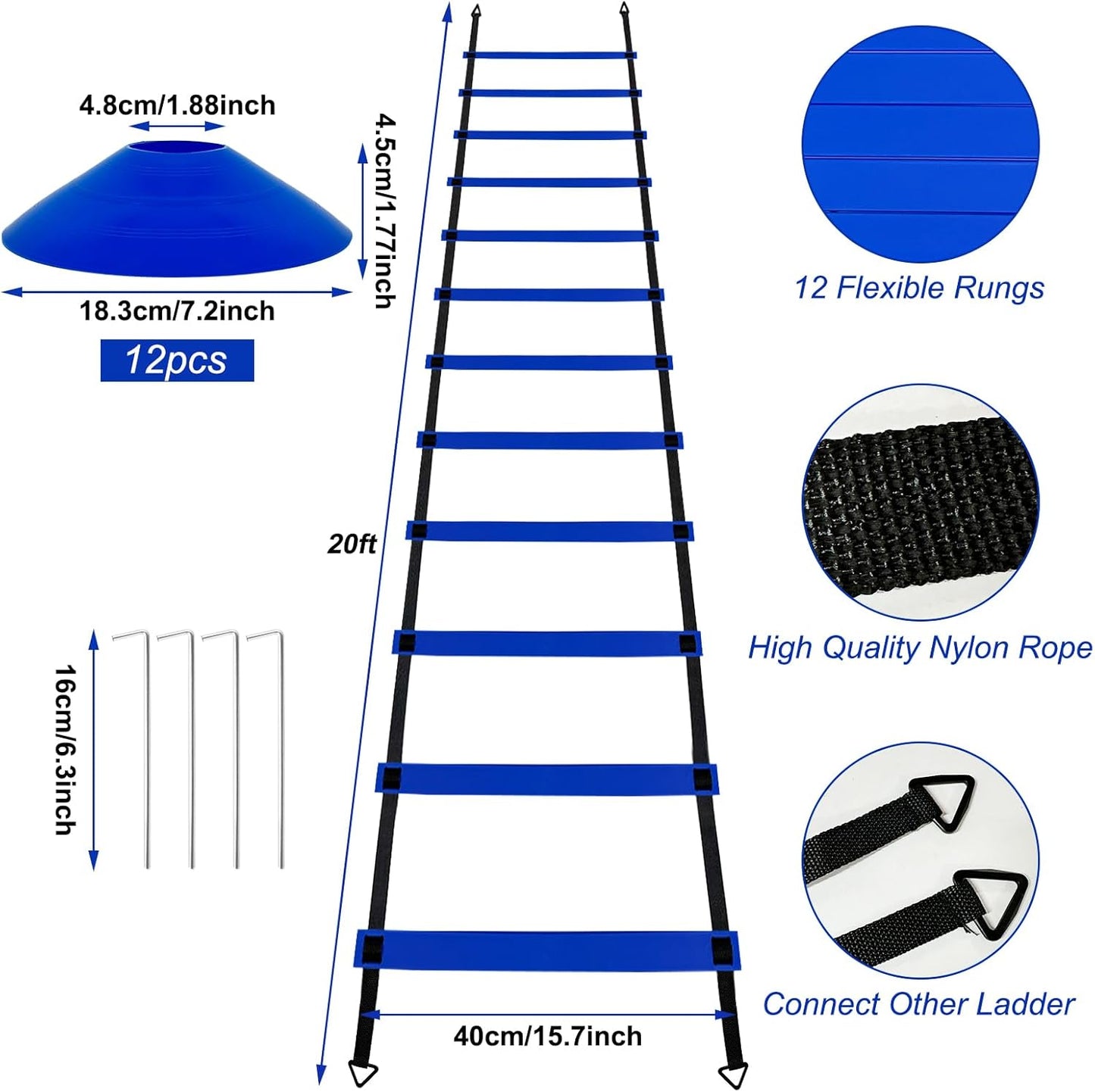 Professional Agility Ladder Speed Training Equipment Set-20ft Agility Ladder,12 Soccer Cones, 4 Agility Hurdles, Running Parachute, Suitable for Soccer Football Basketball Training