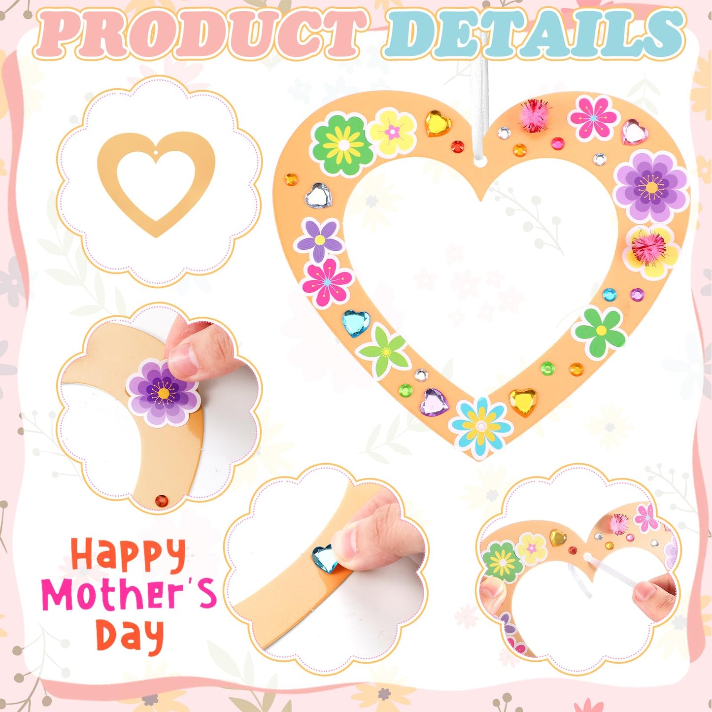Motipuns 72 Pcs Mothers Day Craft Kits DIY Mother's Day Craft with Heart Wreath Heart Flower Gem Stickers Pom Poms Ribbon Foam Dots Paper Gifts for Mom Grandma Ladies DIY Activity