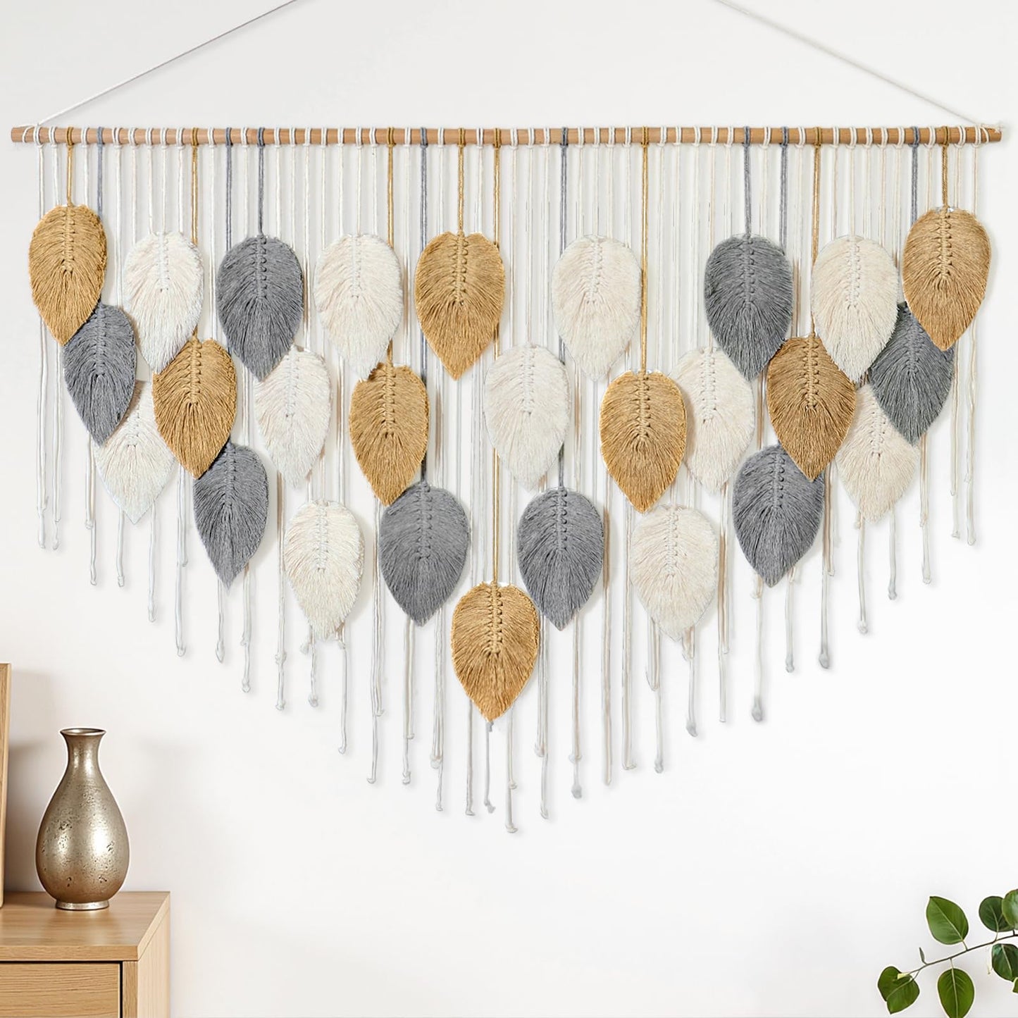 KHOYIME Large Macrame Wall Hanging Boho Woven Tapestry, Chic Modern Home Decor Bohemian Farmhouse Handmade Leaf Feather Wall Art Decorations for Living Room Bedroom Nursery Dorm Backdrop 51.5"W X 33.5"L
