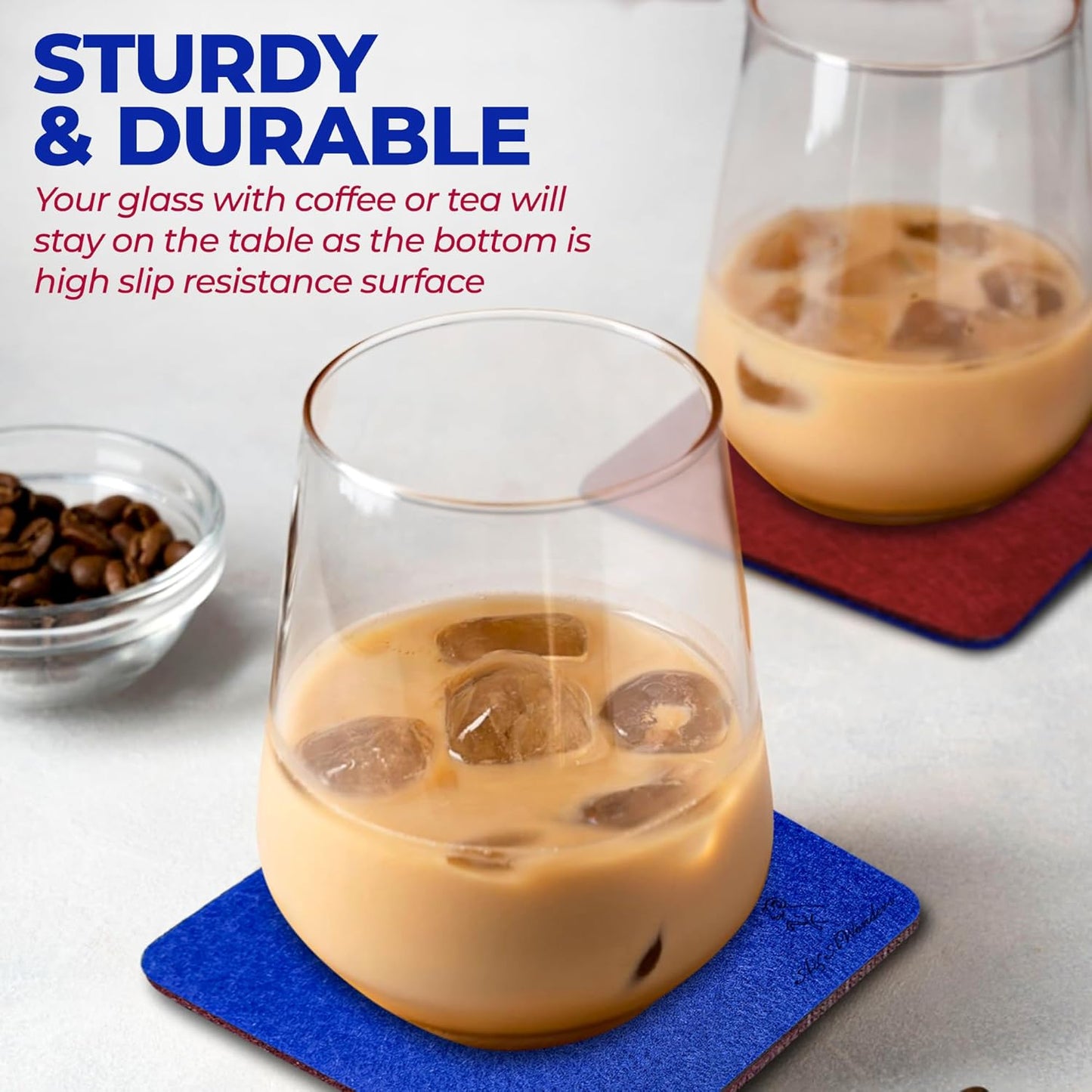 A&A Wonders Premium Felt Coasters for Drink, Absorbent Felt Protects Furniture, Table, Anti Slip, Absorbent, Suitable for Drinks & All Table Types (Wine Red/Royal Blue, All 3 Style, 6 of Each Style)