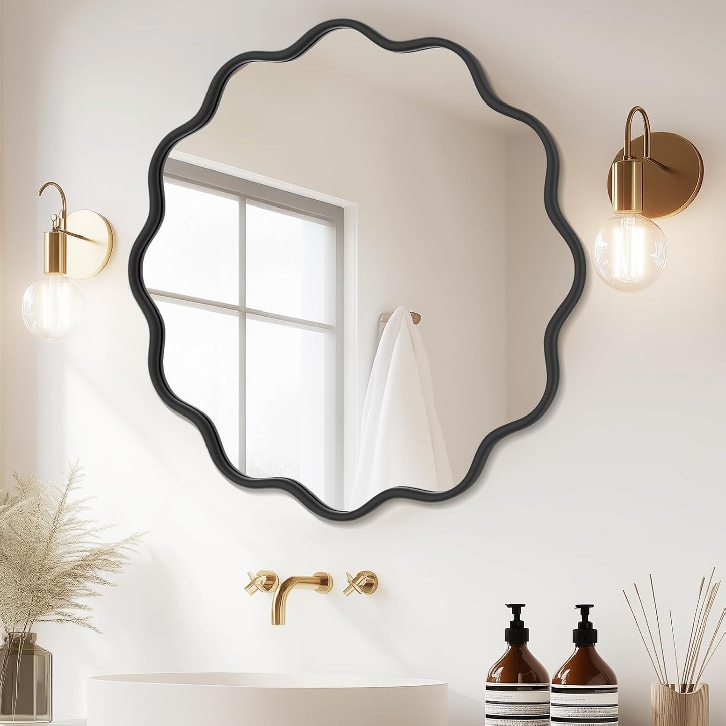 PROHOMEWARE Black Round Mirror 36 Inch Wavy Bathroom Vanity Mirror Black Frame Modern Wall Mirror Decorative Wall-Mounte Anti-Rust, Tempered Glass