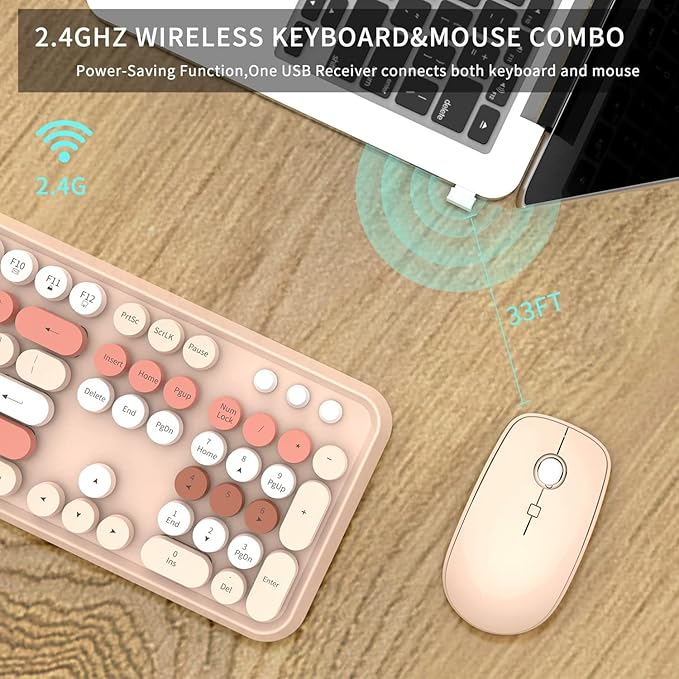 FOPETT Keyboard and Mouse Sets Wireless,Reliable 2.4 GHz Connectivity for PC,Laptop,Smart TV and More (Milk Tea Color)