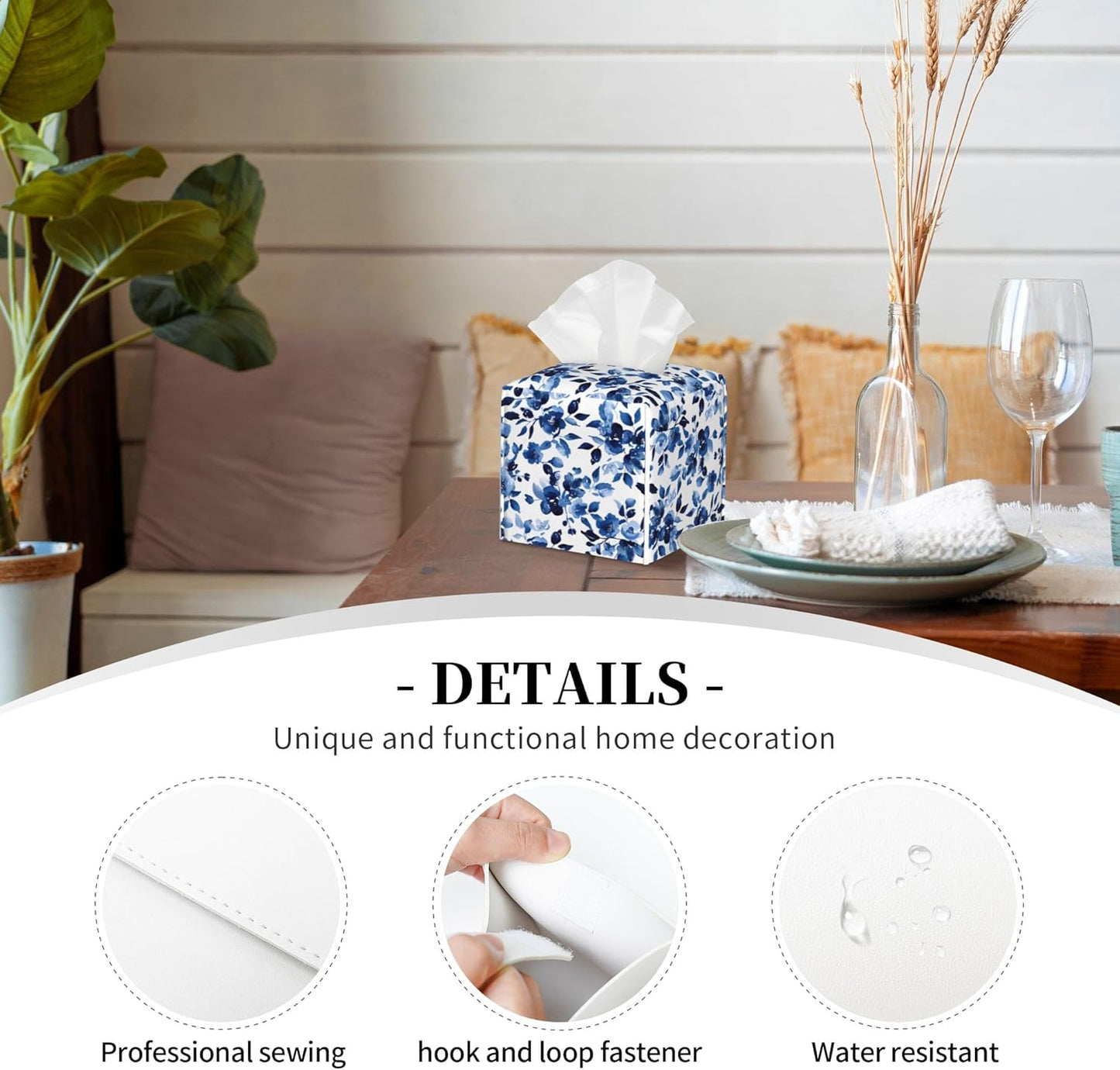 Tissue Box Cover Square, Sweet Blue Flower Watercolor Leather Tissue Box Holder Decorative Organizer for Bathroom, Home Office Car Decor
