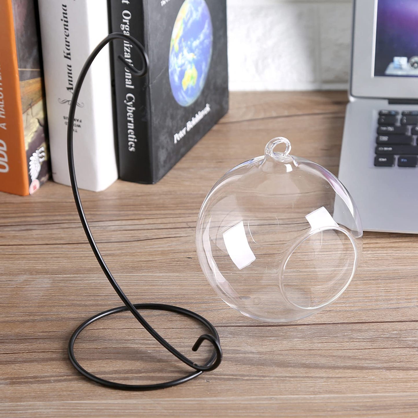 Hanging Glass Terrarium with Iron Stand, 4.7 Inch Ball Shape Planter for Succulents & Air Plants, Borosilicate Glass Planter for Indoor Plants, Hanging Terrarium Bowl for Home Desk Office Decor