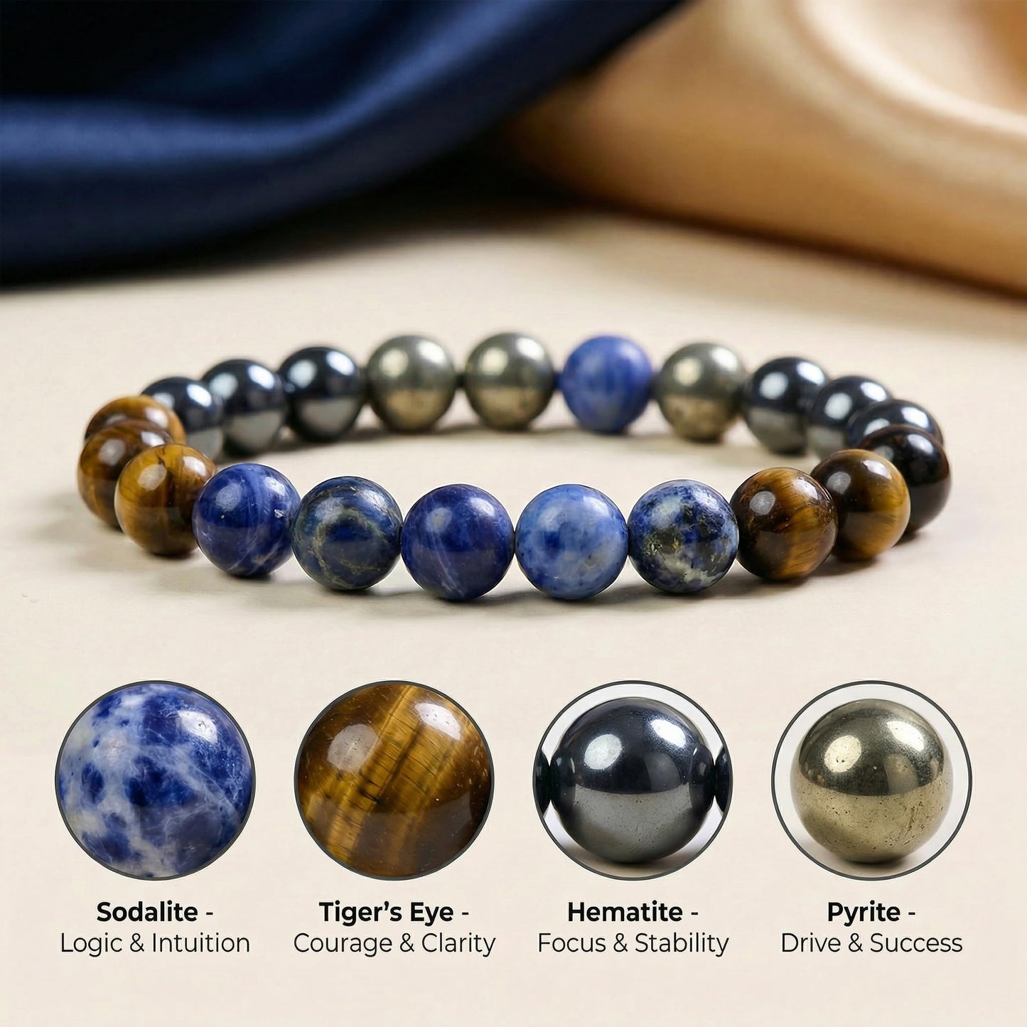 Bivei Focus Willpower Bracelet, Strength Crystal Healing Bracelet 8MM with Hematite & Tiger Eye & Sodalite & Pyrite - Spiritual Stretch Beaded Jewelry for Women Men Gift