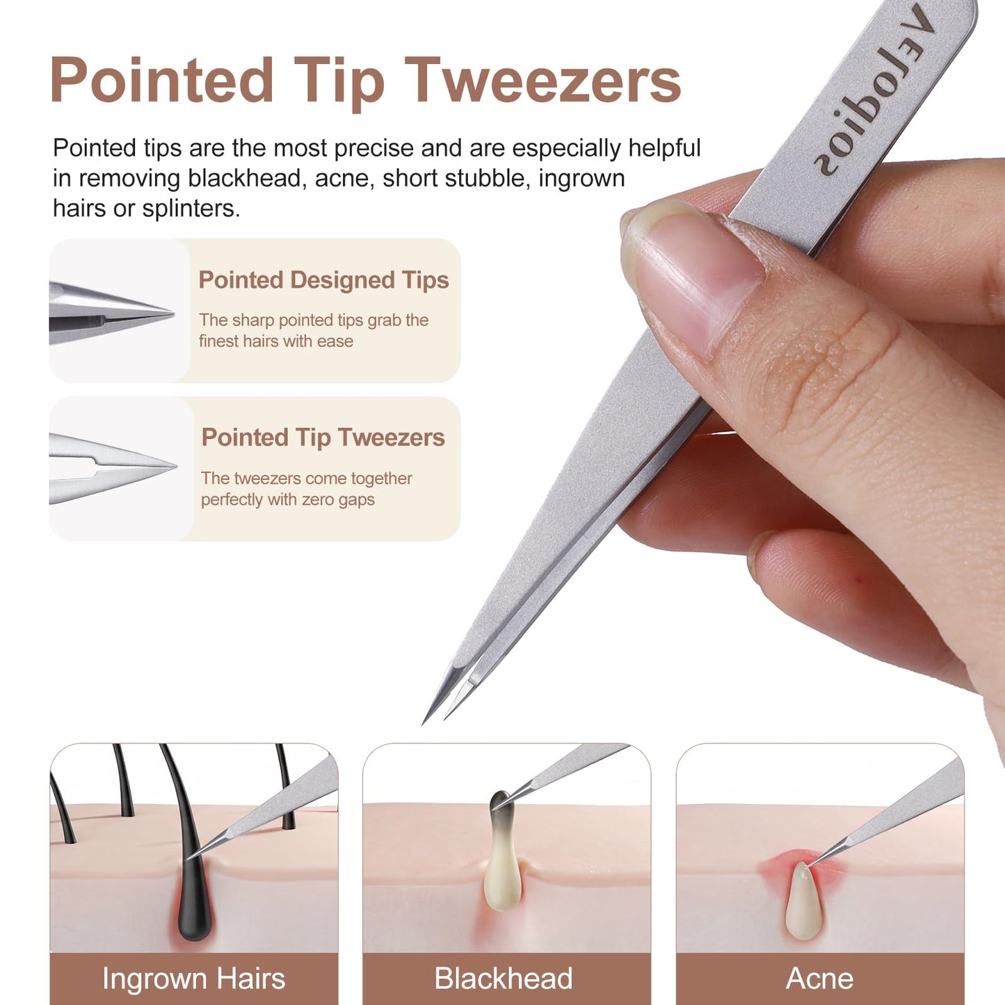 Velodios Tweezers for Eyebrows, Pointed Tweezers for Women Facial Hair, Ingrown Hair Removal, Slanted and Pointed Tip Tweezers Set with PU Travel Case, Premium Stainless Steel