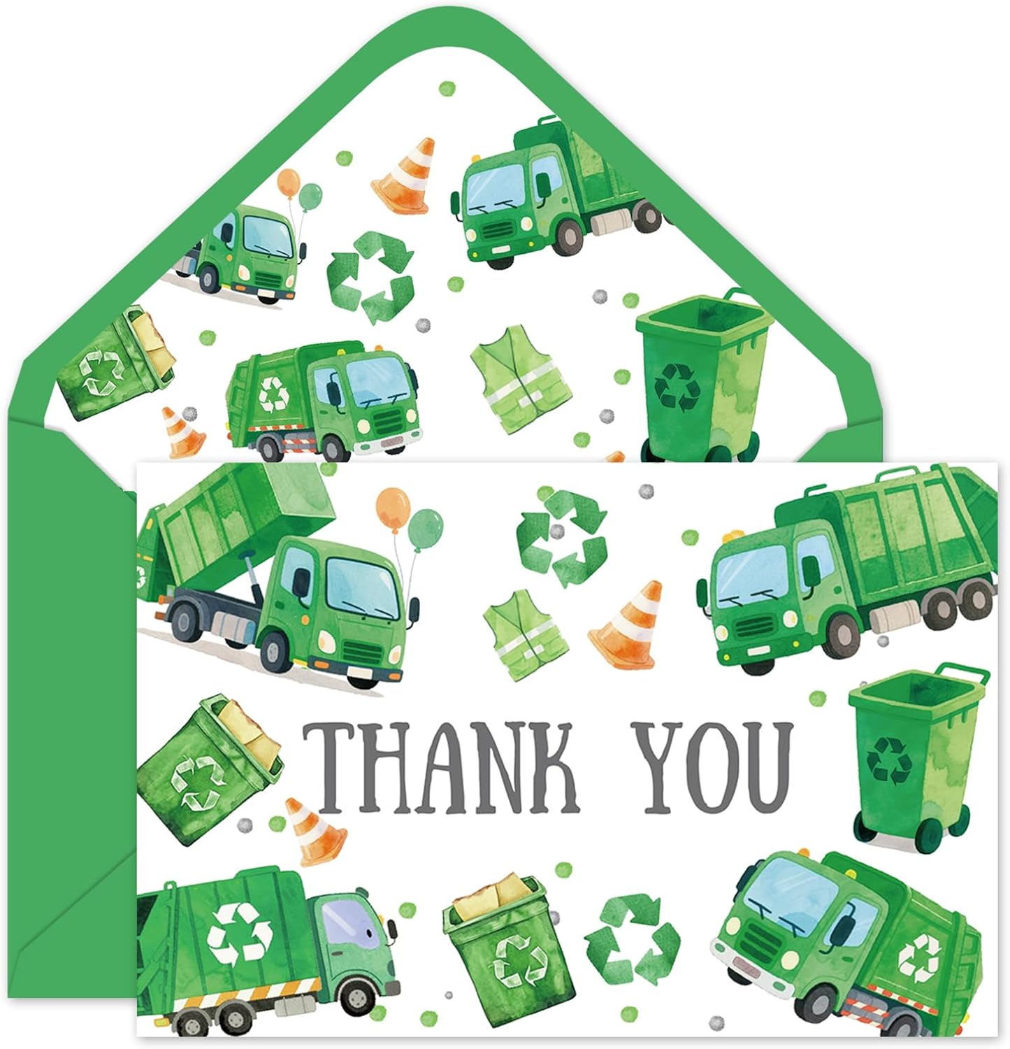 Whaline 24Pcs Garbage Truck Thank You Cards Green Trash Truck Note Cards with Envelopes Stickers Blank Greeting Card for Birthday Baby Shower, 4 x 6 Inch