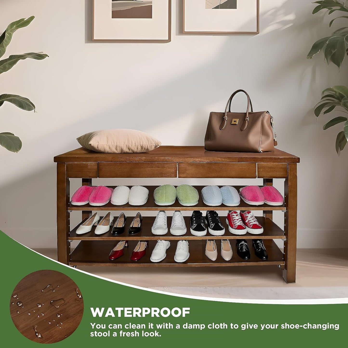 Wood Shoe Bench Entryway with Drawer: 3-Tiers Wooden Storage Shoe Rack with Bench Seat, Compact Mid-Century Modern Design for Entryway, Hallway,Closet,Front Door Entrance,Foyer Walnut 43.3"