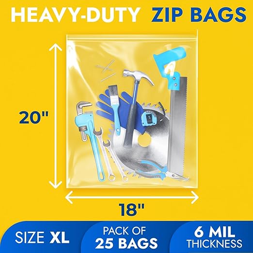 18" x 20" Extra Large Zip Seal Lock Bags, 6 Mil (Pack of 25) – Heavy-Duty Reclosable Plastic Bags – Clear, Resealable, Waterproof – For Storing Clothes, Jewelry, and Travel Items
