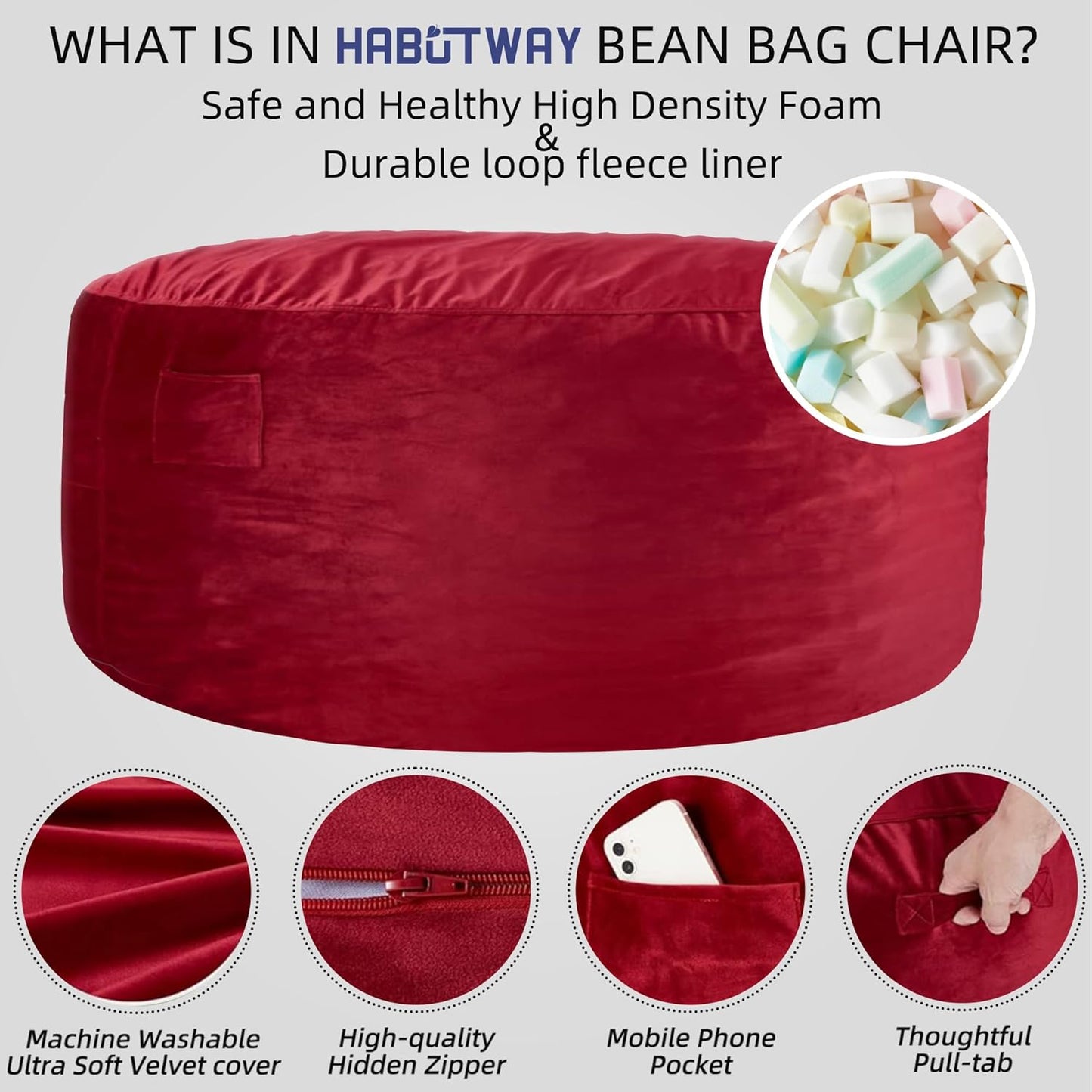 HABUTWAY Bean Bag Chair: Giant 5' Memory Foam Furniture Bean Bag Chair with Microfiber Cover - 5Ft,Red