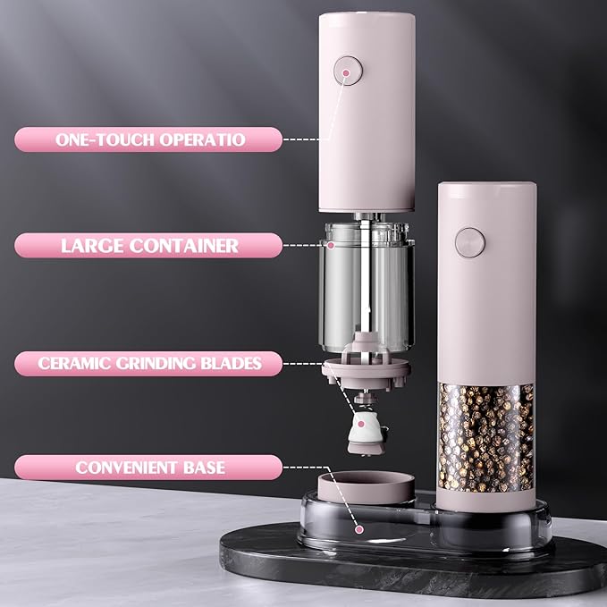 Salt and Pepper Grinder Set Birthday Gifts for Mom Automatic Battery Upgraded Larger Capacity Pink Salt Pepper Set New Apartment Gifts for Housewarming White Elephant Gifts for Adults