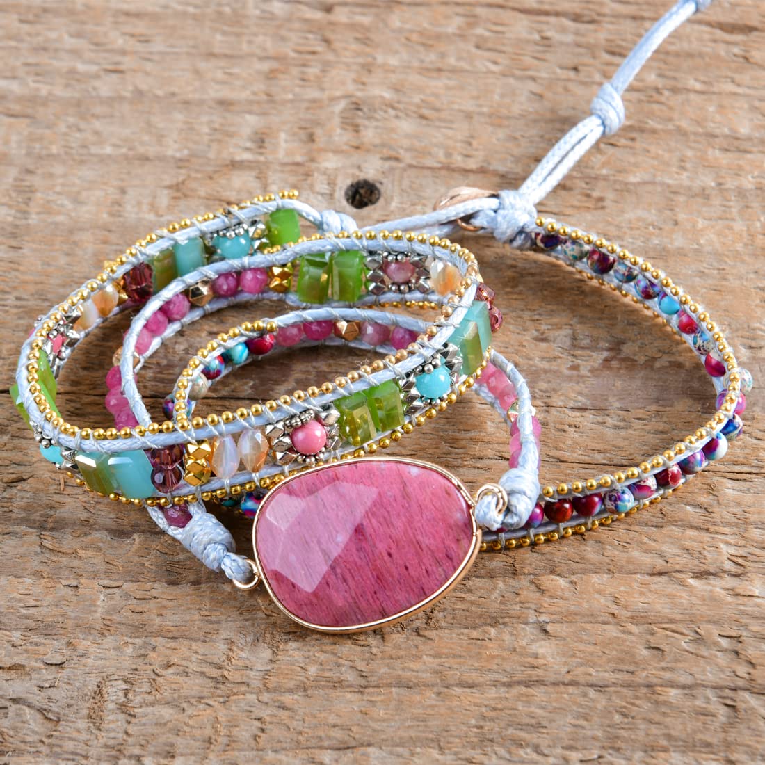 YGLINE Boho Wrap Bracelets Natural Rhodochrosite Crystal Stone Variety Beads Strand Bracelet