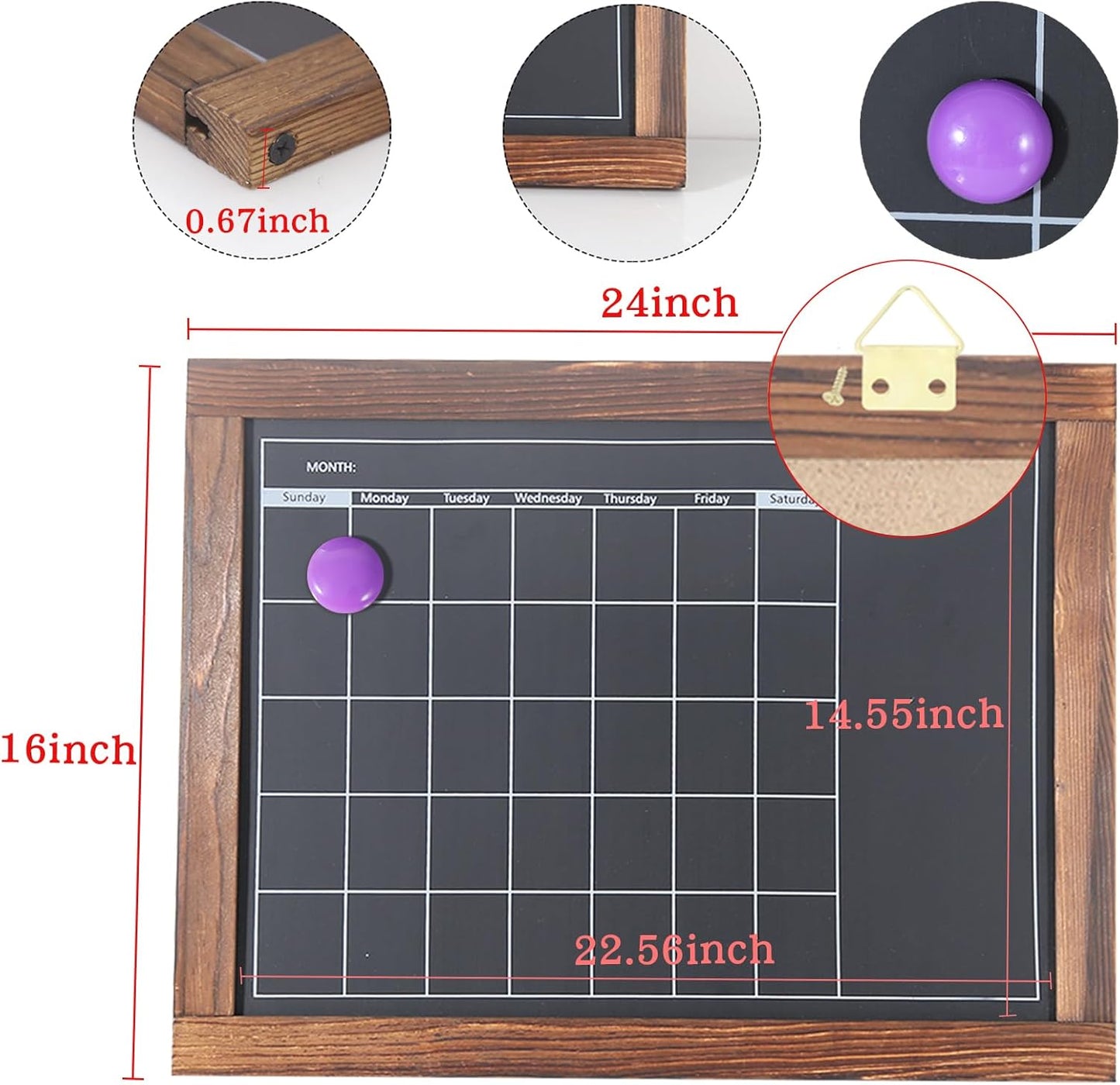 Magnetic Chalkboard Calendar for Wall Monthly Planner Board Wite Wood Frame Reusable Planning Blackboard for Record Daily Tasks List 16" x 24"