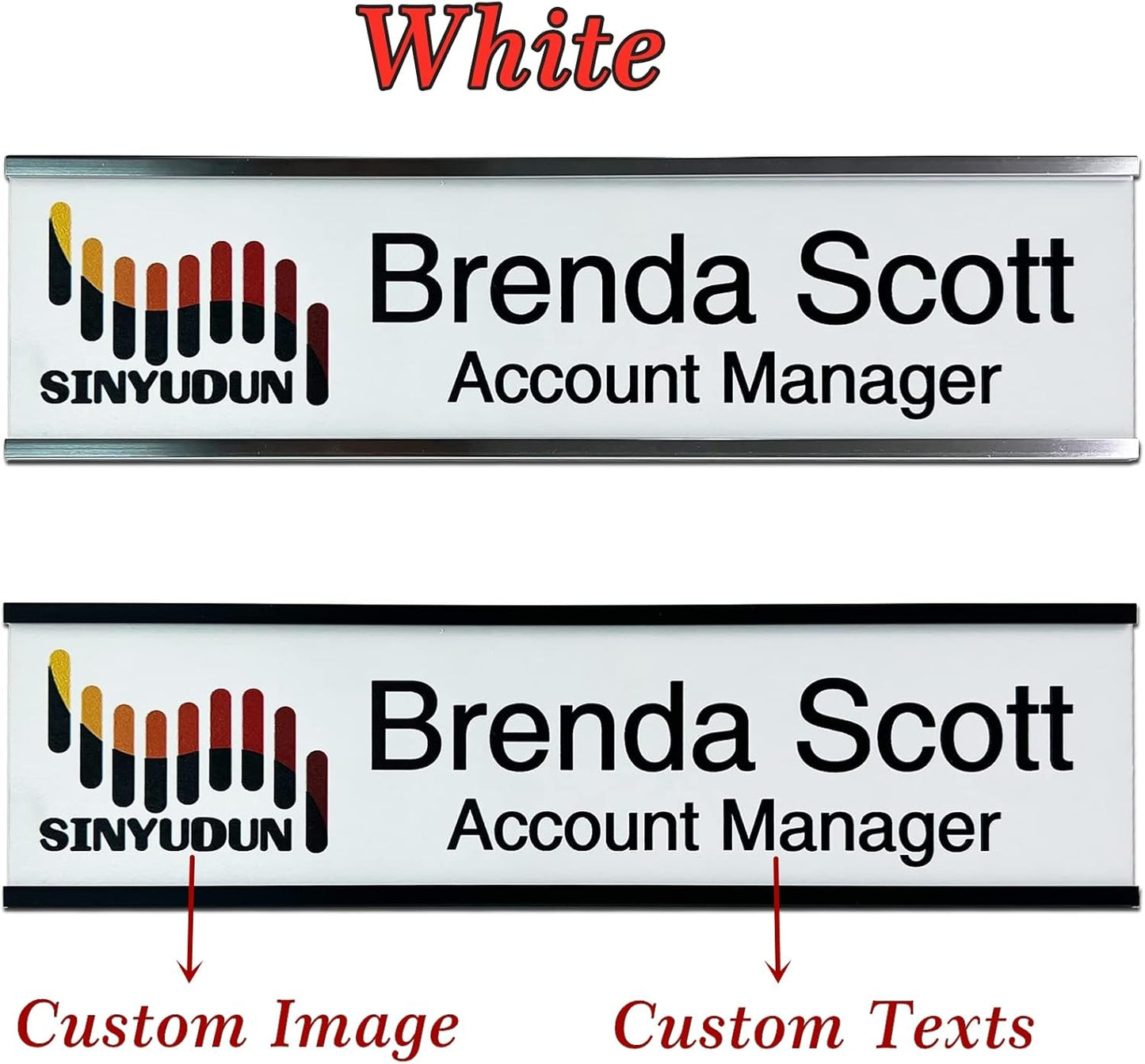 2" x 8" Personalized Aluminum Name Plates, Custom Office Desk or Wall Name Plates, Can Add Logo Image and Texts, Two Colors Silver, White, Holders are Optional (Custom Image+Text)