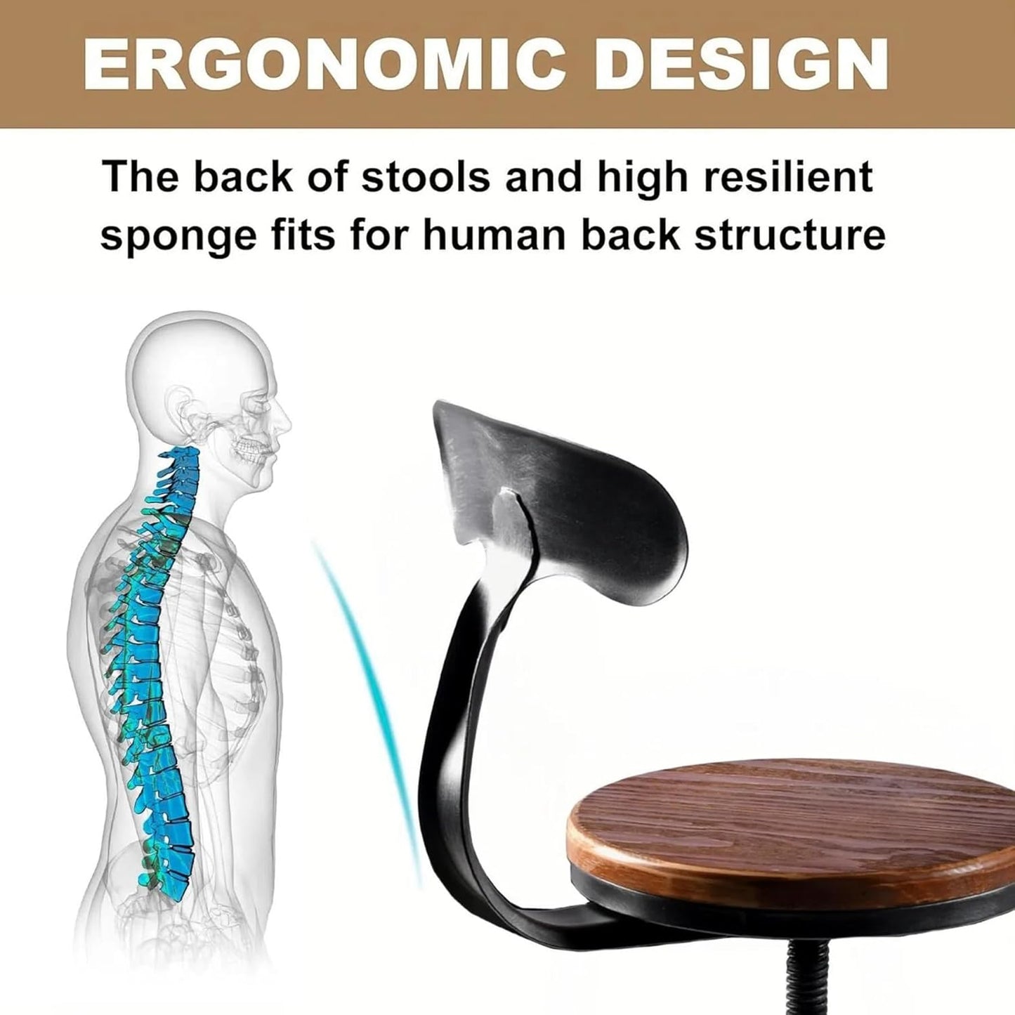 Topower Farmhouse Kitchen Stool, Industrial Counter Stool, Kitchen Deco Round Seat Standard Height Adjustable Swivel Bar Stools with Backrest Indoor House Design Iron Backrest Black Set of 2