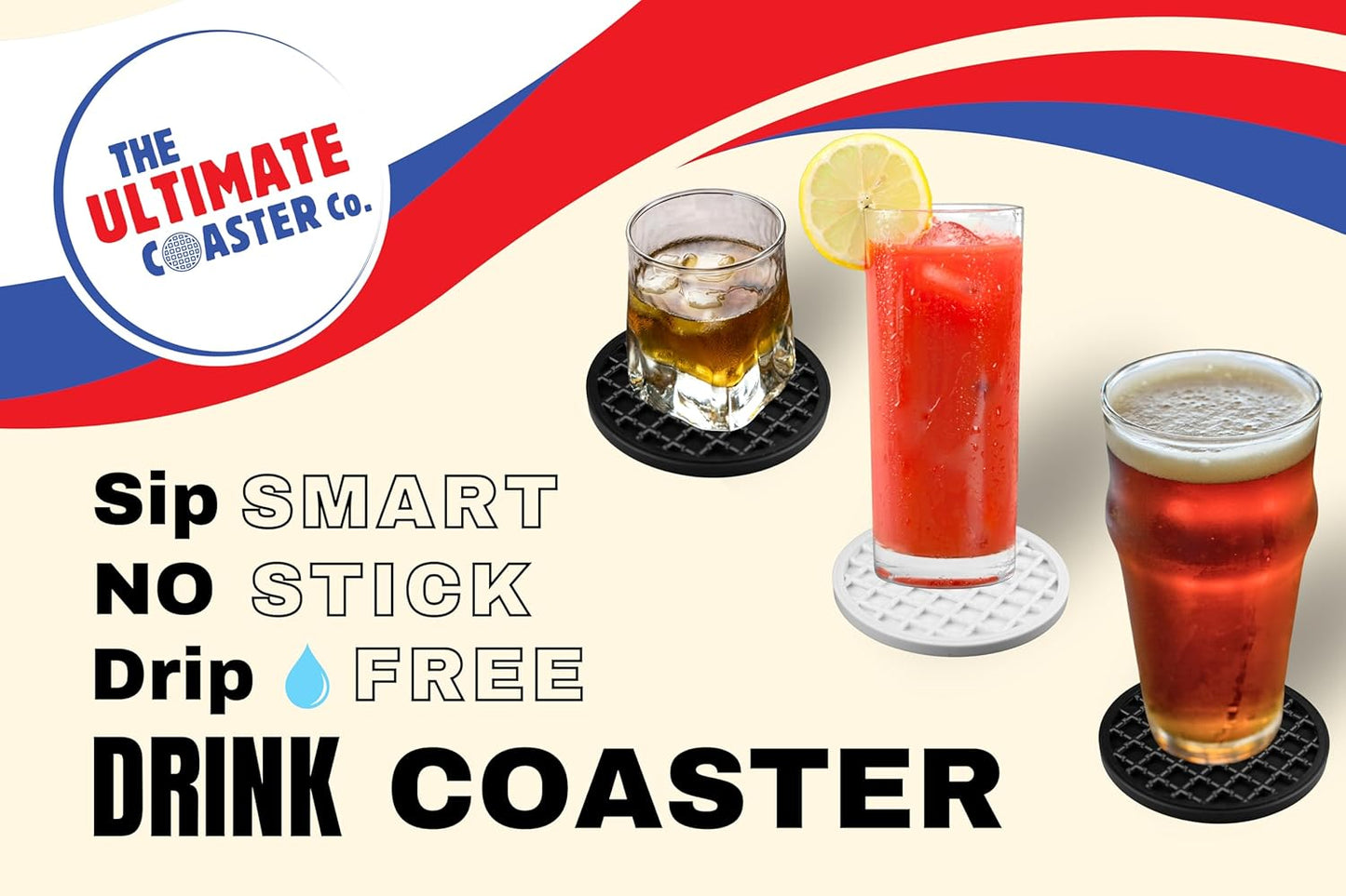 Ultimate Drink Coasters with Holder,[4 Pack] Drinking Coasters - Cup Coaster for Hot or Cold Drinks, Durable, Non-Slip, Non-Stick, Black (Black)