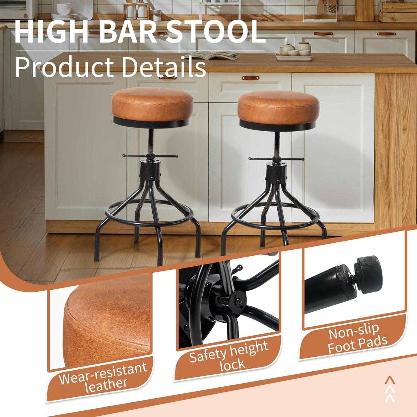 Industrial Bar Stools Set of 2 Adjustable Swivel Round Barstools Modern PU Leather 28inch Backless Counter Height Stool Metal Bar Chair for Kitchen Island (2, Brown)