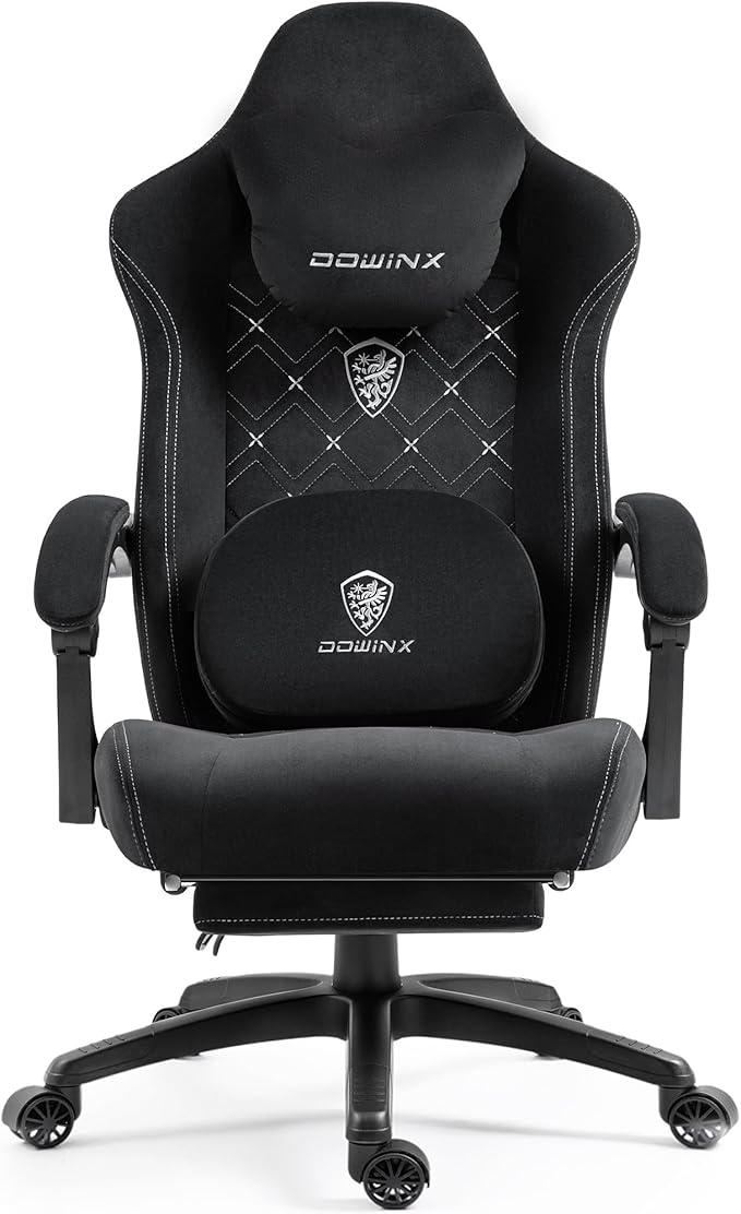 Dowinx Gaming Chair with Heated Massage Lumbar Support,Big and Tall Fabric Gaming Chairs for Adults with Footrest, Ergonomic Computer Game Chair with Poket Spring Cushions, 350lbs, Black and White
