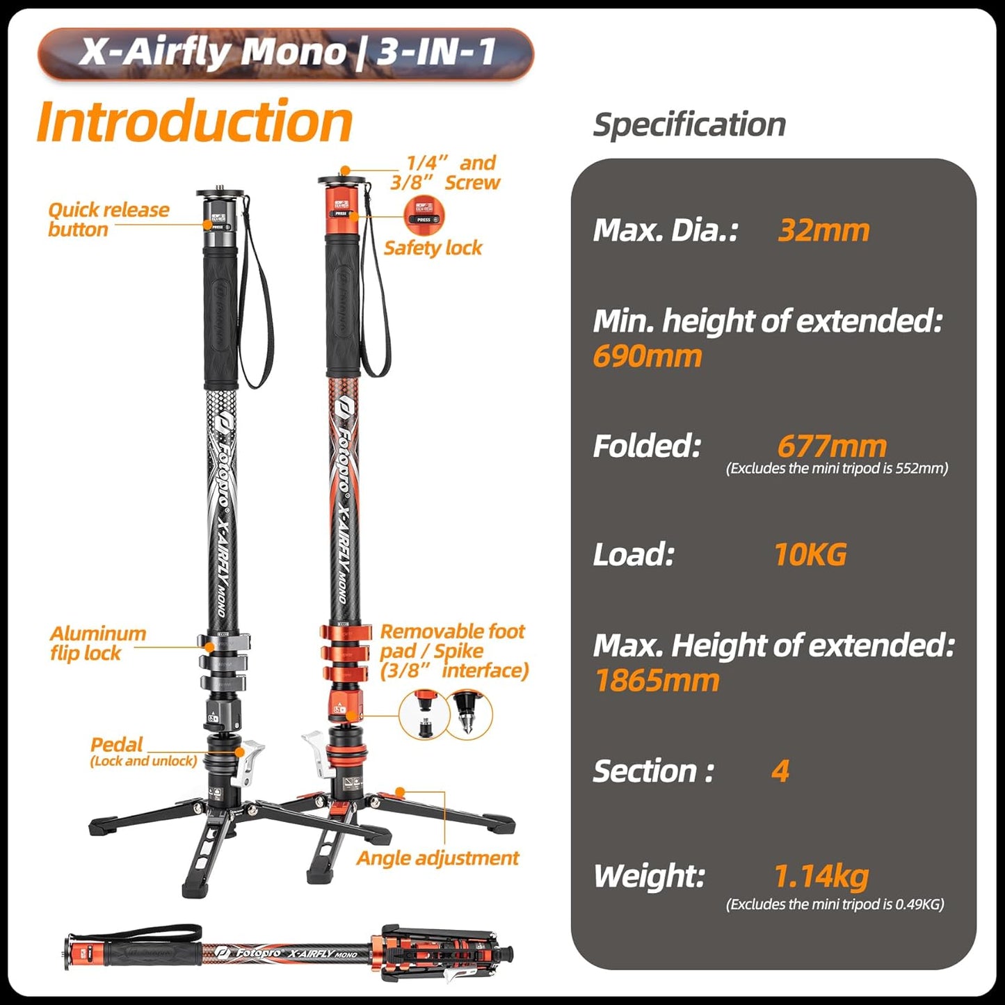 Fotopro Carbon Fiber 3-in-1 Monopod, 73" Travel Monopod with Feet, Max Load 22lbs for DSLR Camera Stabilizer, X-Airfly Mono Grey