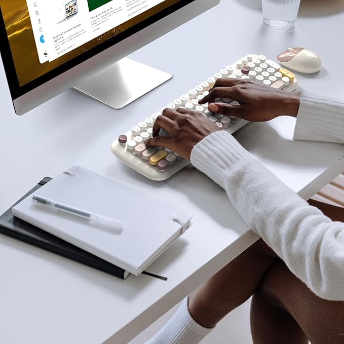 Wireless Keyboard and Mouse Combo for Windows, MOWUX 2.4G Full-Sized External Cordless Computer Keyboard, Compact Mouse, 8 Multimedia and Shortcut Keys, for PC, Laptop - Off White Colorful