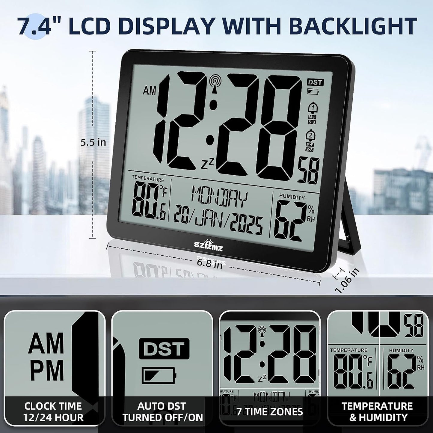 Atomic Digital Wall Clock Battery Operated with Backlight, Desk Clocks with Indoor Temperature & Humidity, 8.5" Small Alarm Clock with Date and Day of Week for Bedrooms, Living Room, Auto DST, Black