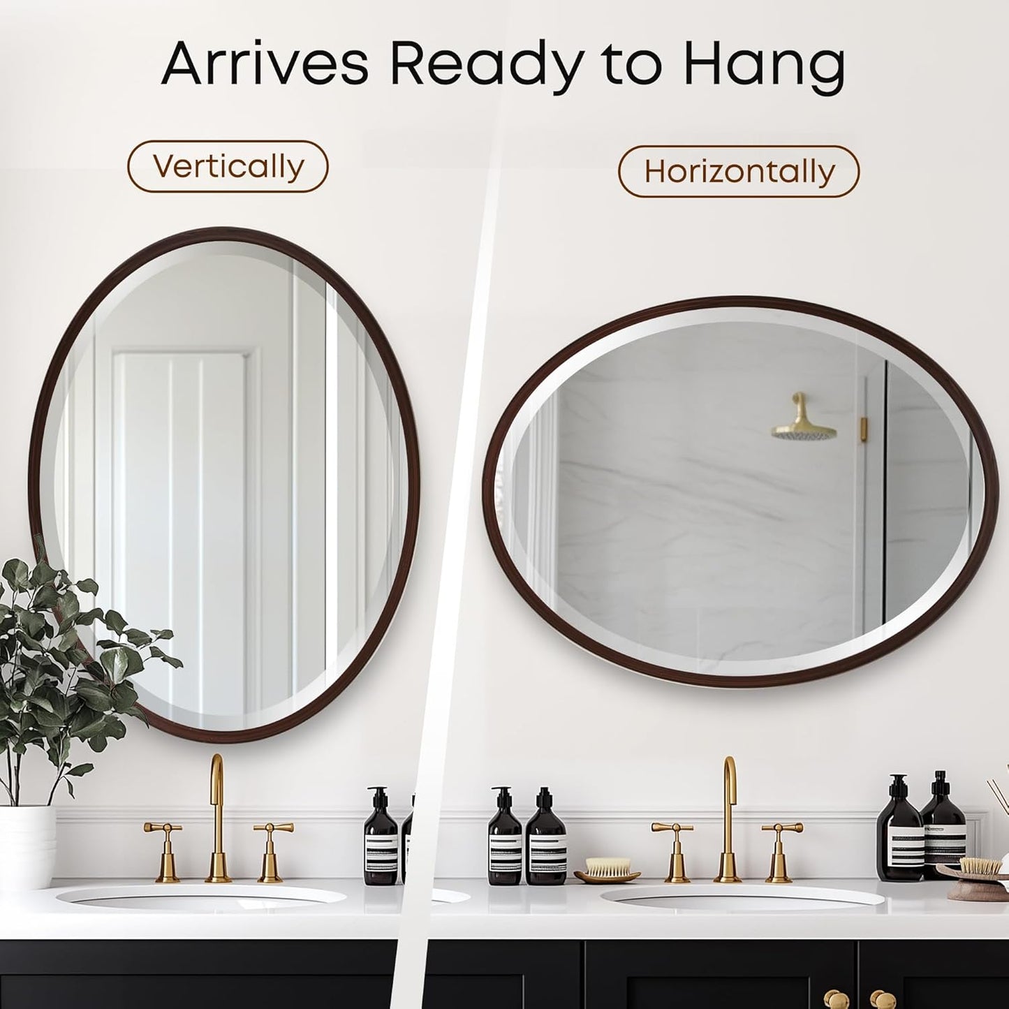 OVALCREST - Oval Wooden Beveled Wall Mirror for Home Decor, Bathroom, Vanity, Bedroom, Living Room, Hallway - London Style (Black Walnut) 13.1 x 17.1