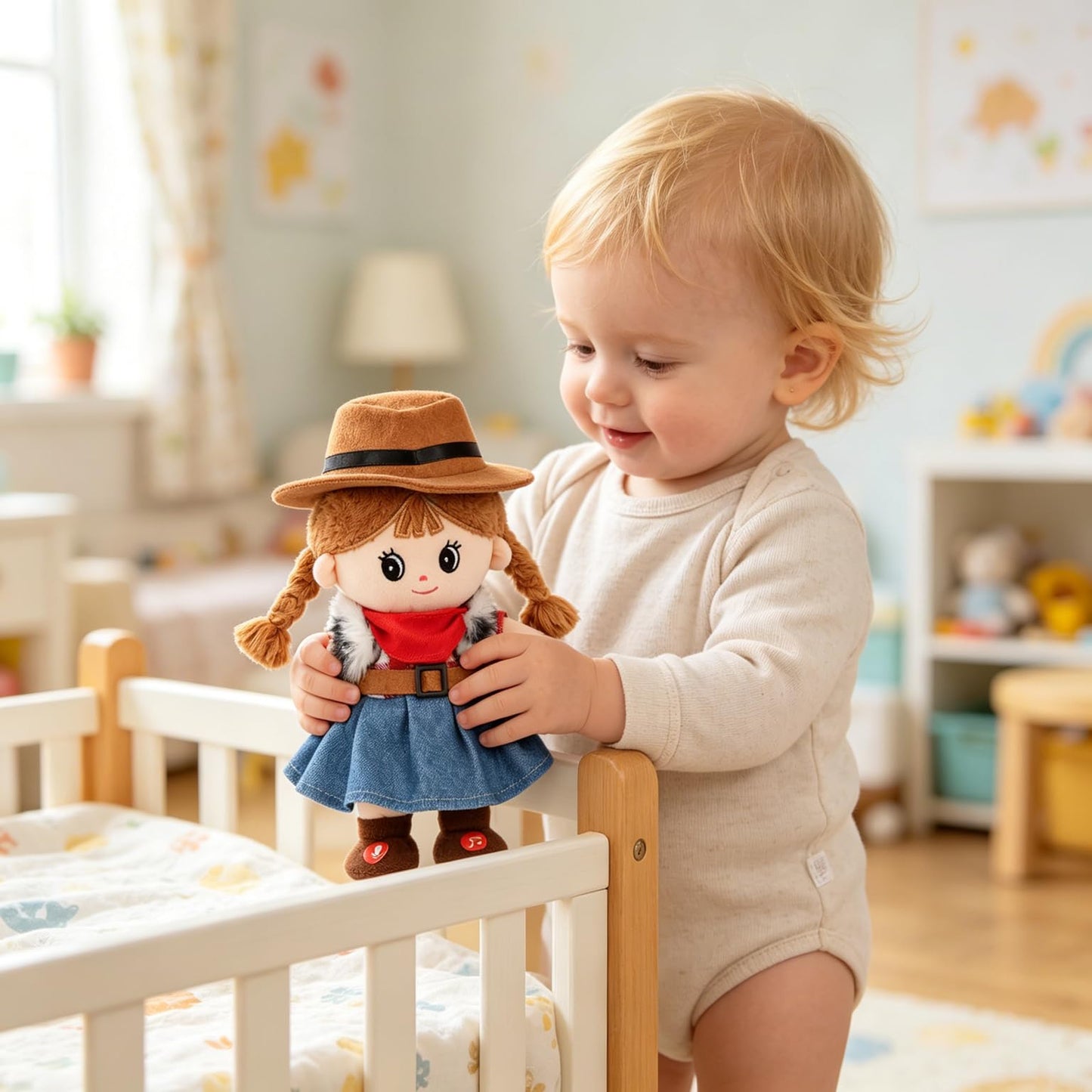 Hopearl Talking Singing Cowgirl Repeats What You Say Girl Walking Doll Electric Interactive Animated Toy Speaking Plush Buddy Gifts for Toddlers, 8''