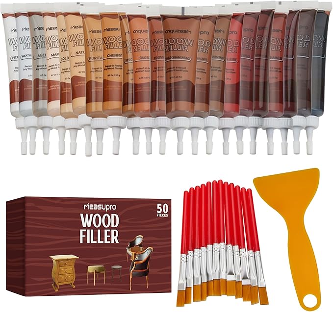 Furniture Repair Kit 50PC - Brushes, Markers, Scraper, Resin Wood Filler, Fillers with Wood Putty, Any Color Wood Combination, Scratch & Molding Repair, Restore Laminate Vinyl Veneer Flooring