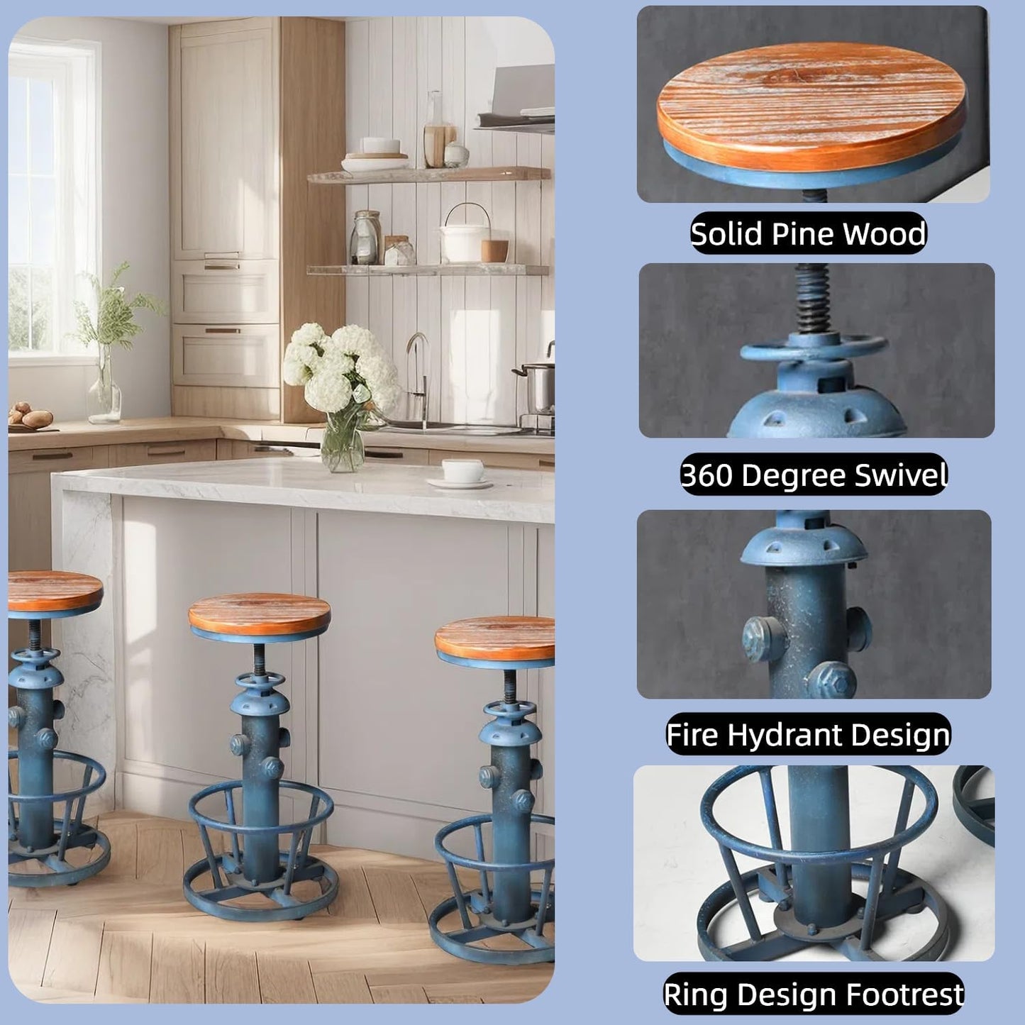Retro Bar Stool Industrial Swivel Counter Stools for Kitchen Island 24.8-30.7inch Height Adjustable Vintage Fire Hydrant Design Coffee Stools Farmhouse Dining Chairs