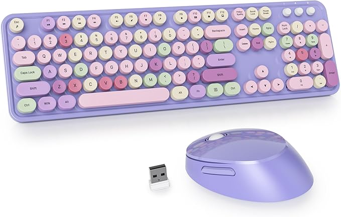 Owpkeenthy Purple Keyboard and Mouse Wireless, Cute Retro Full-Size Cordless Keyboard with Number Pad 2.4 GHz Wireless USB Receiver for Computer/Laptop/Windows/Mac(Coloful Purple)