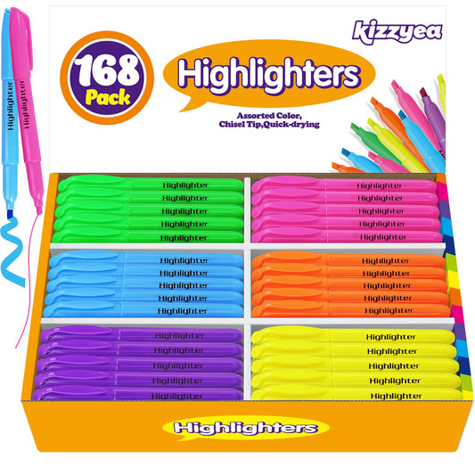 KIZZYEA 168 Pack Highlighters in 6 Assorted Colors, Chisel Tip Dry-Quickly Highlighters Bulk, No Bleed Highlighter Markers for Adult Kids, Office Classroom Must Have, School Supplies for Teachers