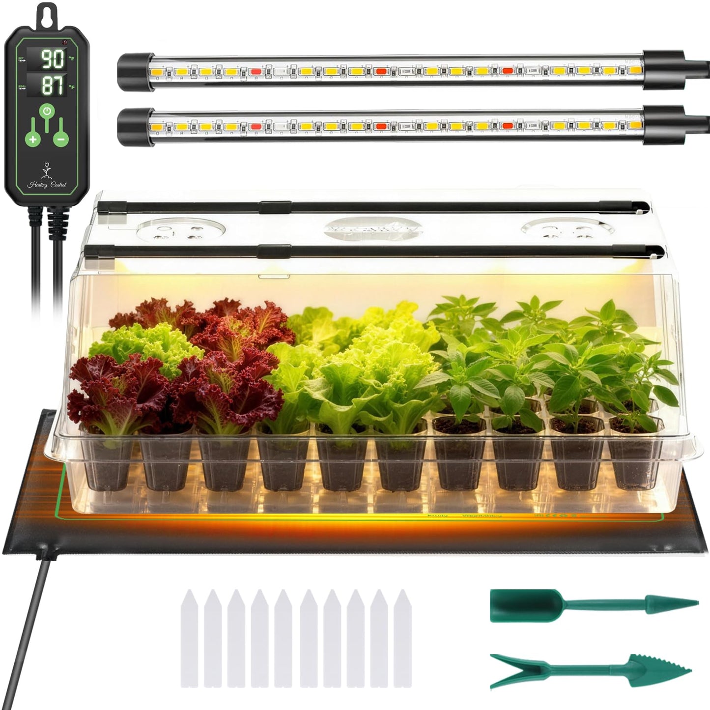 Adawook Large Seed Starter Tray with Grow Light and Thermostat Controller Heat Mat, 10"x 20.75" Heat Mats for Plant Growing，68-113°F Adjustable，Color Change Grow Lights，Germination Trays Kits