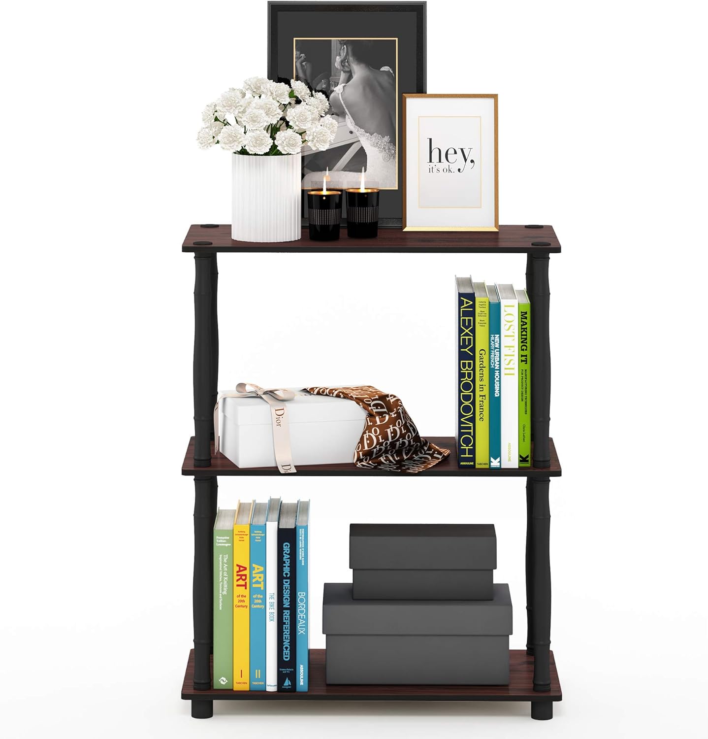 Furinno Turn-N-Tube 3-Tier Compact Multipurpose Shelf Display Rack with Classic Tube, Dark Cherry/Black
