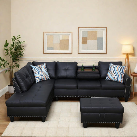 97" L Shaped Sectional Couch with Cup Holder, Modern 4 Seat Modular Sectional Sofa with Storage Ottoman, Living Room Sets for Small Spaces, Apartment, Faux Leather, Black