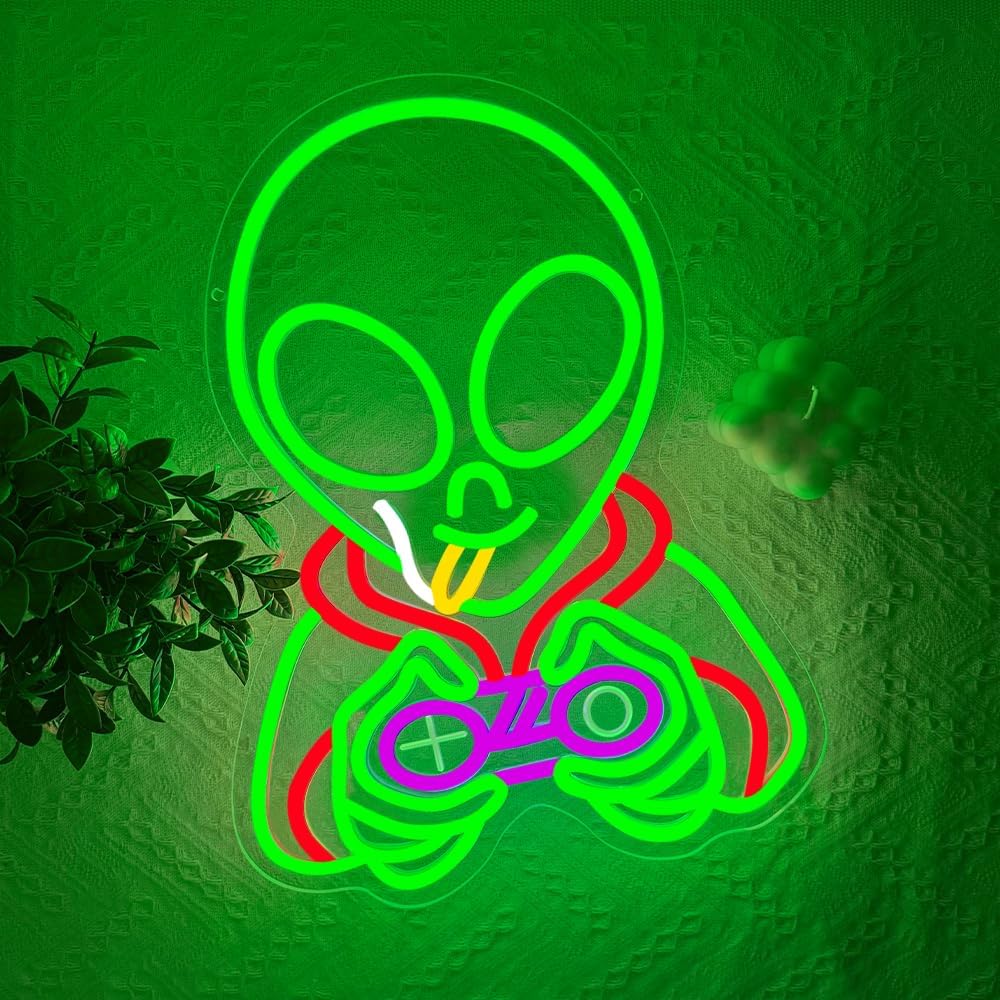 Green Alien Gamr Neon Sign,Gaming Dimmable LED Light Signs for Wall Art Decor,Game Room Backdrop for Bar Bedroom Club Party Man Cave,Alien Gift for Boys Teen Men USB Powered（ 15.8"* 11.9"）