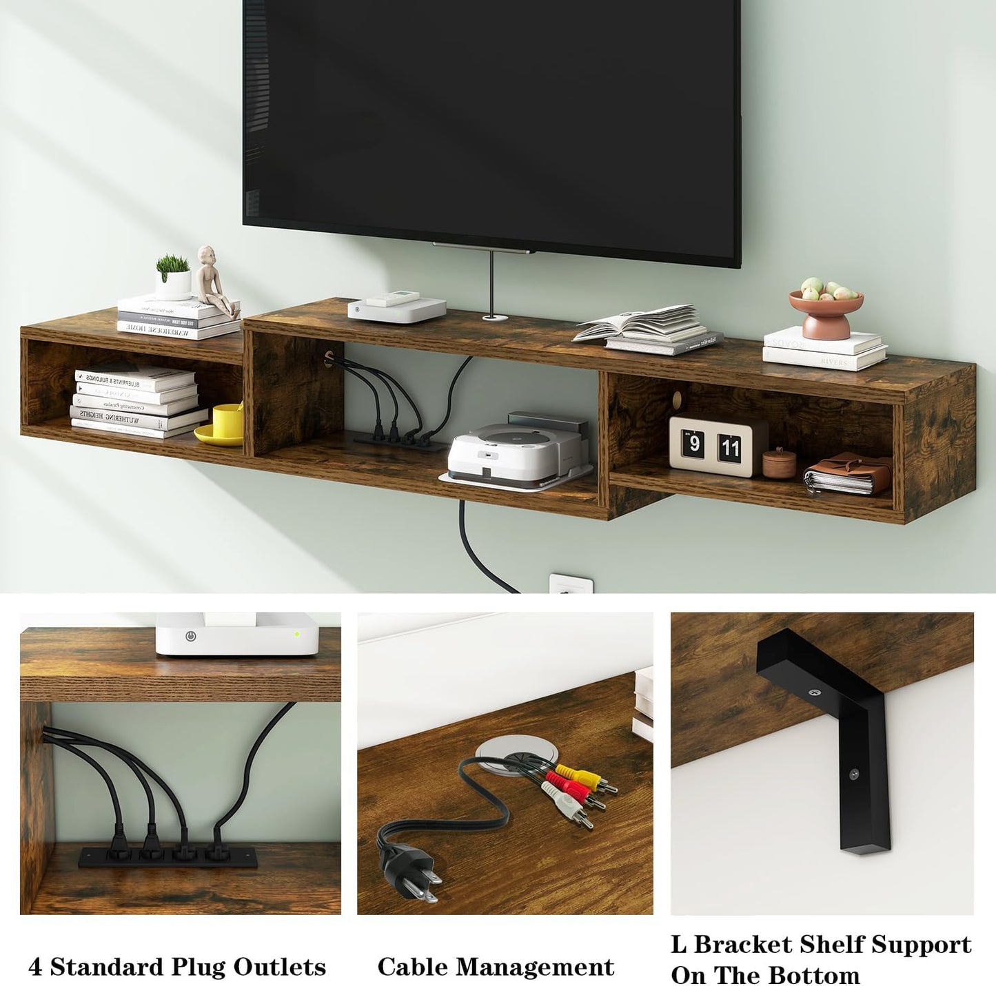 IBUYKE 71" Floating TV Stand Wall Mounted with Power Outlet,Wood Wall Mounted Media Console Shelf,Floating Entertainment Center for Under TV Storage for Living Room Bedroom Office,Rustic Brown WST008H