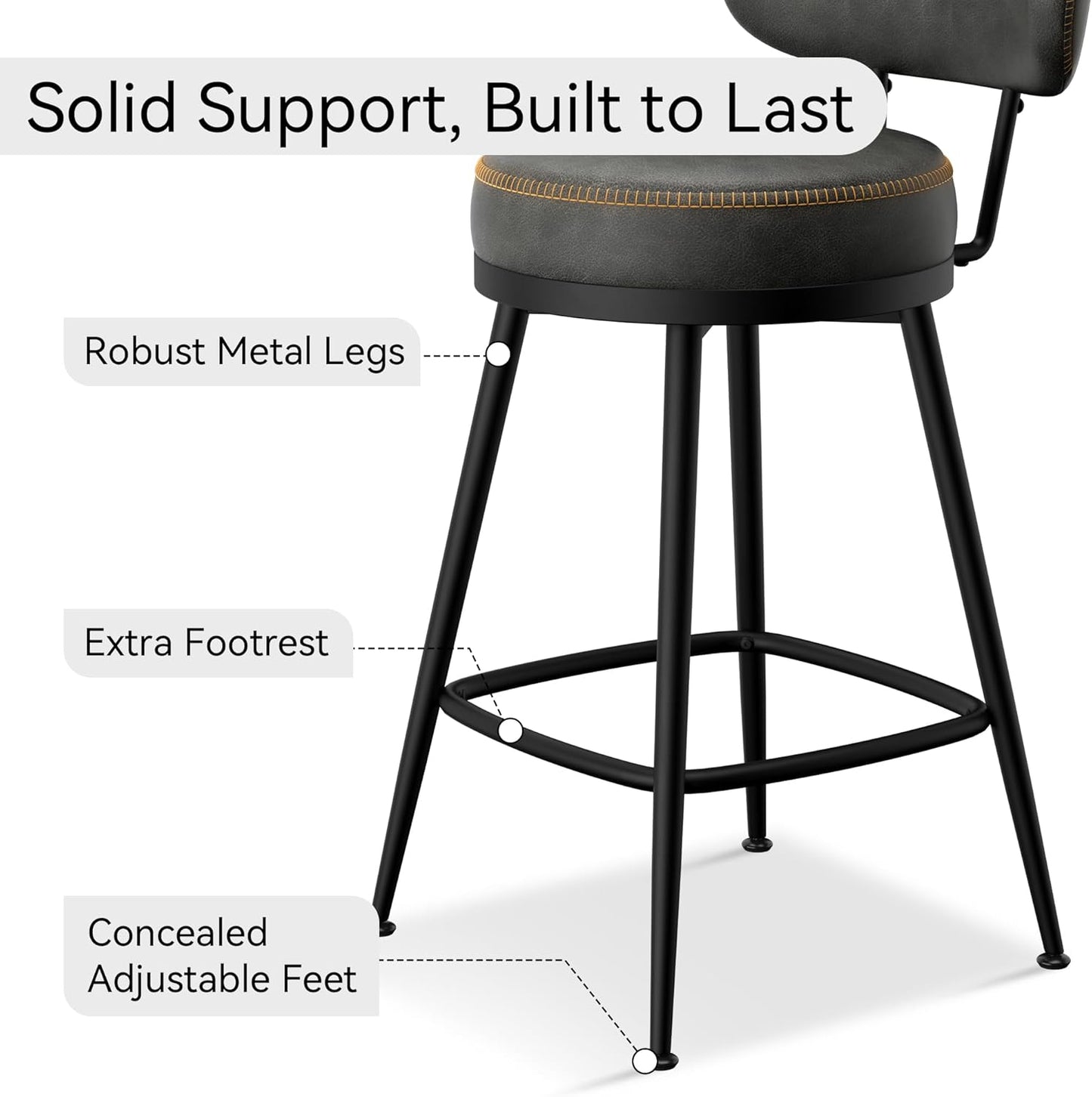 Counter Height Bar Stools, 26" H Swivel Barstools Set of 2, Faux Leather Kitchen Counter Stools with Back and Stylish Stitching, Metal Frame, Pub, Home Bar, Black Grey