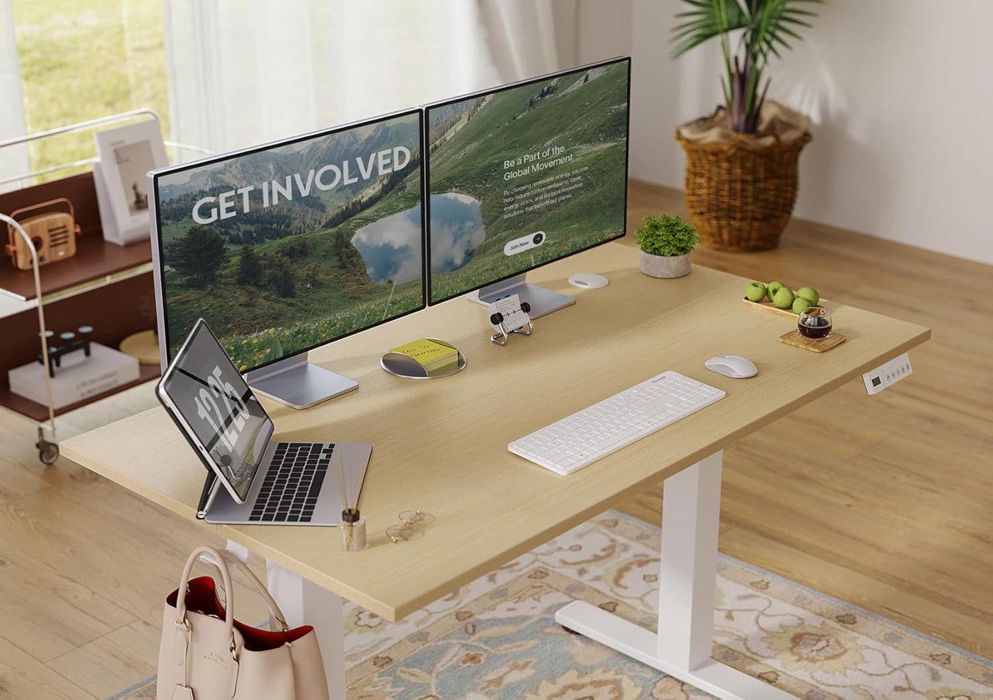 Seang Electric Standing Desk Adjustable Height, 40 x 24 Inch Sit Stand Desk with T-Shaped Frame, 3 Memory Presets & Cable Management for Home Office Computer Workstation, White Frame/Nature Top