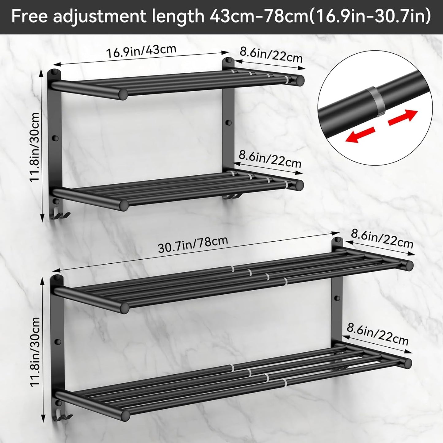 Black Adjustable Towel Bar for Bathroom Wall Mount17-30.7inch Adhesive Shower Towel Rack Stainless Steel Bath Towel Holders for Toilet Kitchen Double Towel Hanger (Black Double Towel Rack)