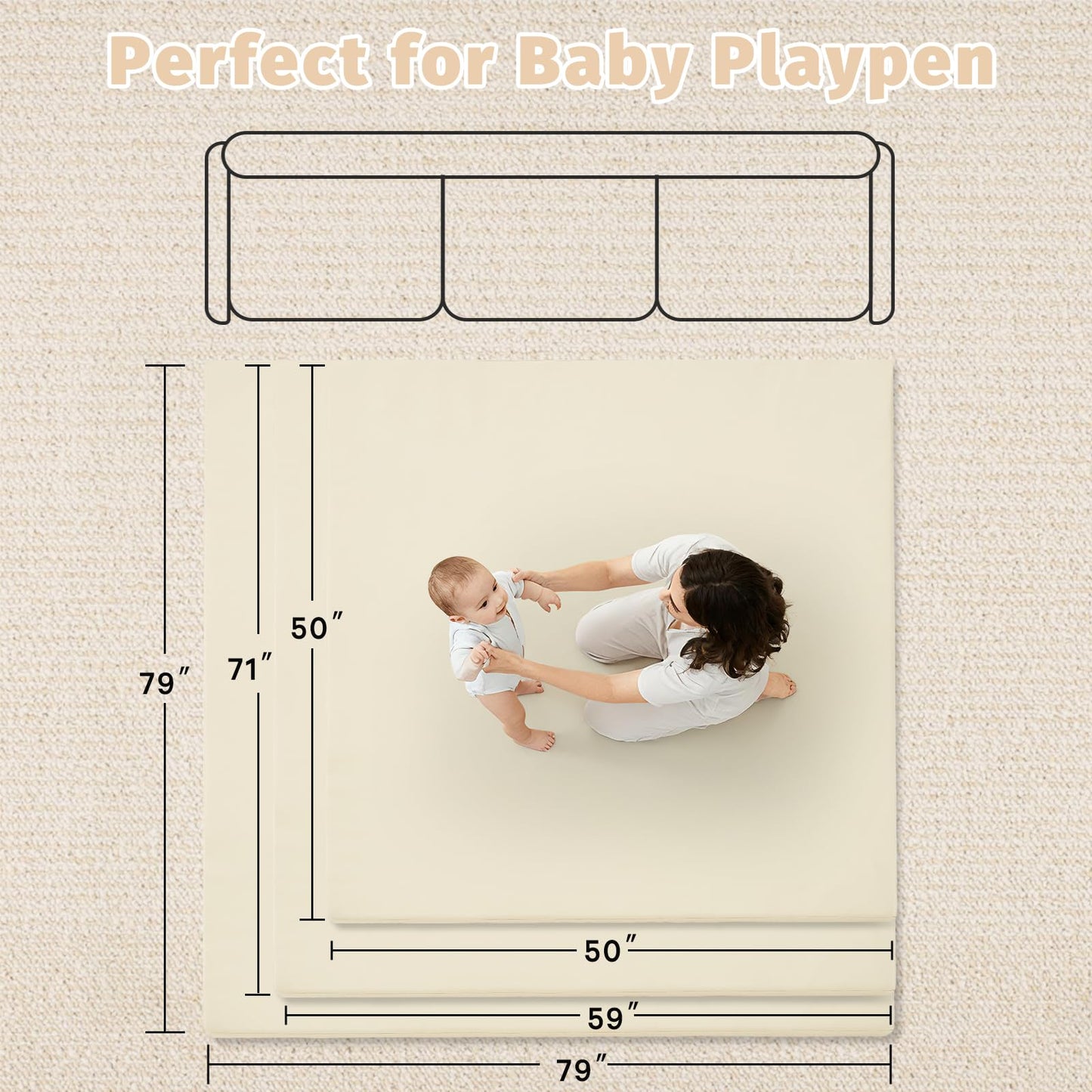 ILPEOD Waterproof Baby Play Mat for Floor Memory Foam 59 * 79 Cushion Playpen Playmat Tummy Time Crawling Mat Nursery Rug Thick Pad Create Soft & Safe Area for Infants,Toddler,Kids,Beige